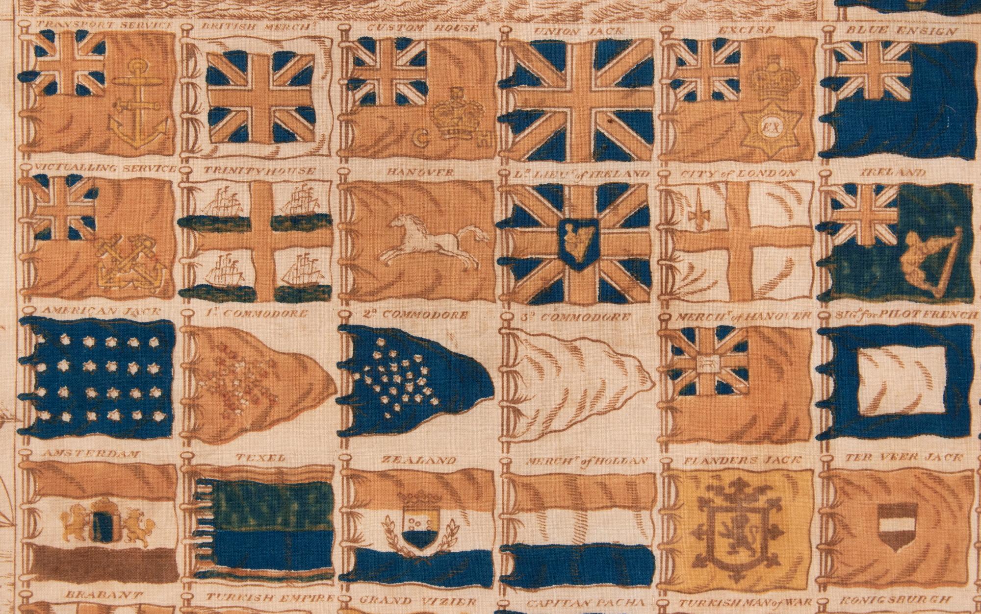 Antiguo pañuelo con una carta de 152 banderas marítimas internacionales, hacia 1837-1845 en Bueno Estado en York County, PA