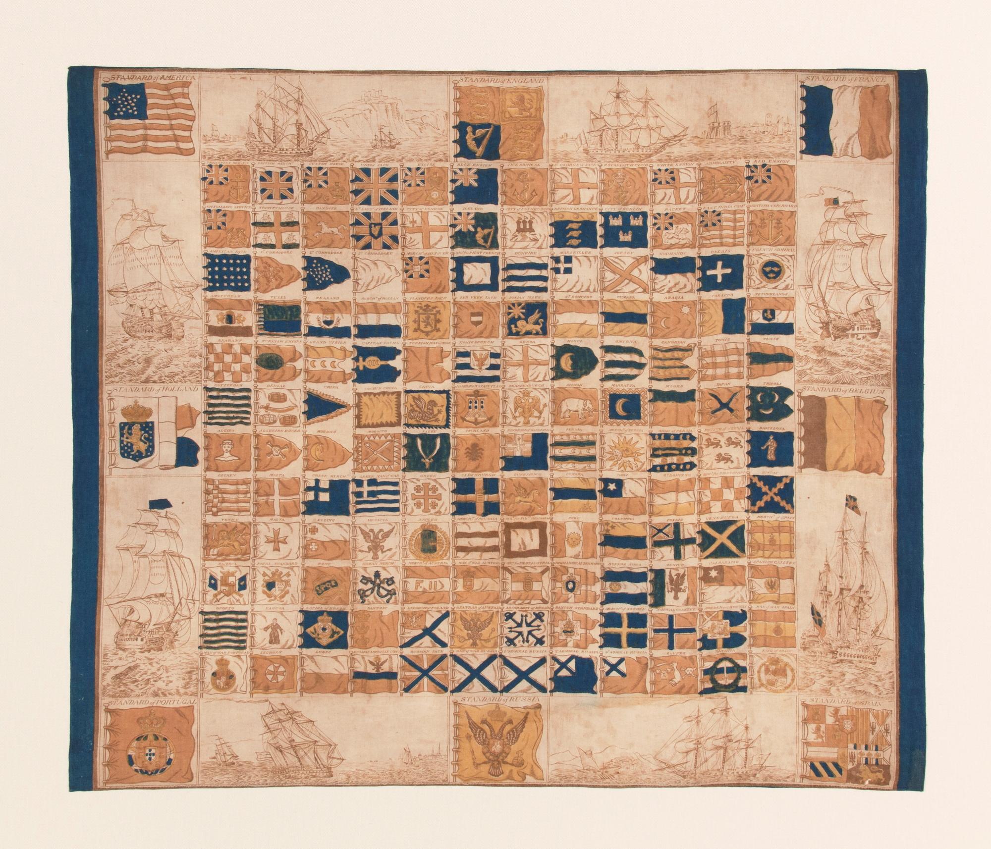 Antiguo pañuelo con una carta de 152 banderas marítimas internacionales, hacia 1837-1845 siglo XIX