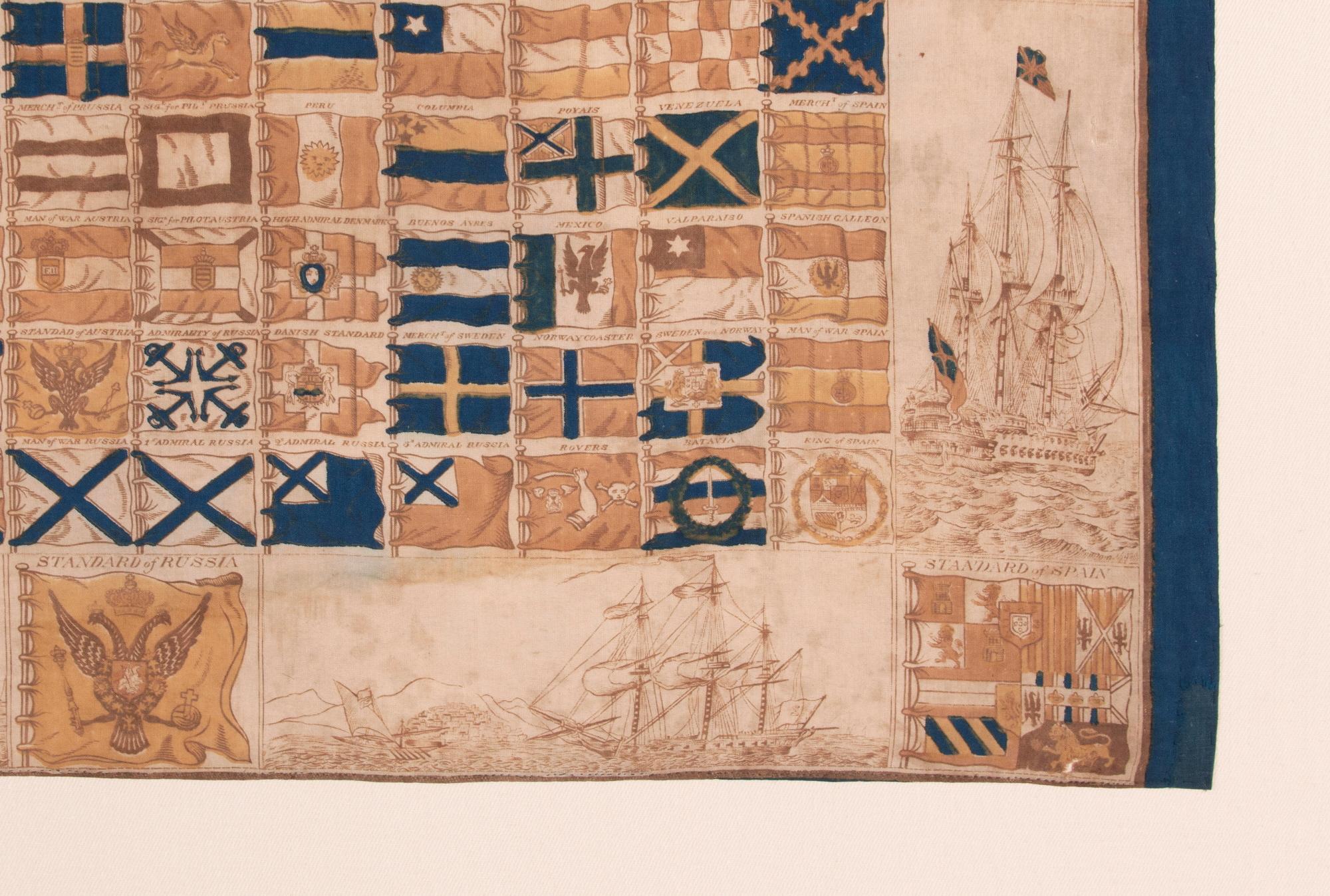 Antiguo pañuelo con una carta de 152 banderas marítimas internacionales, hacia 1837-1845 1