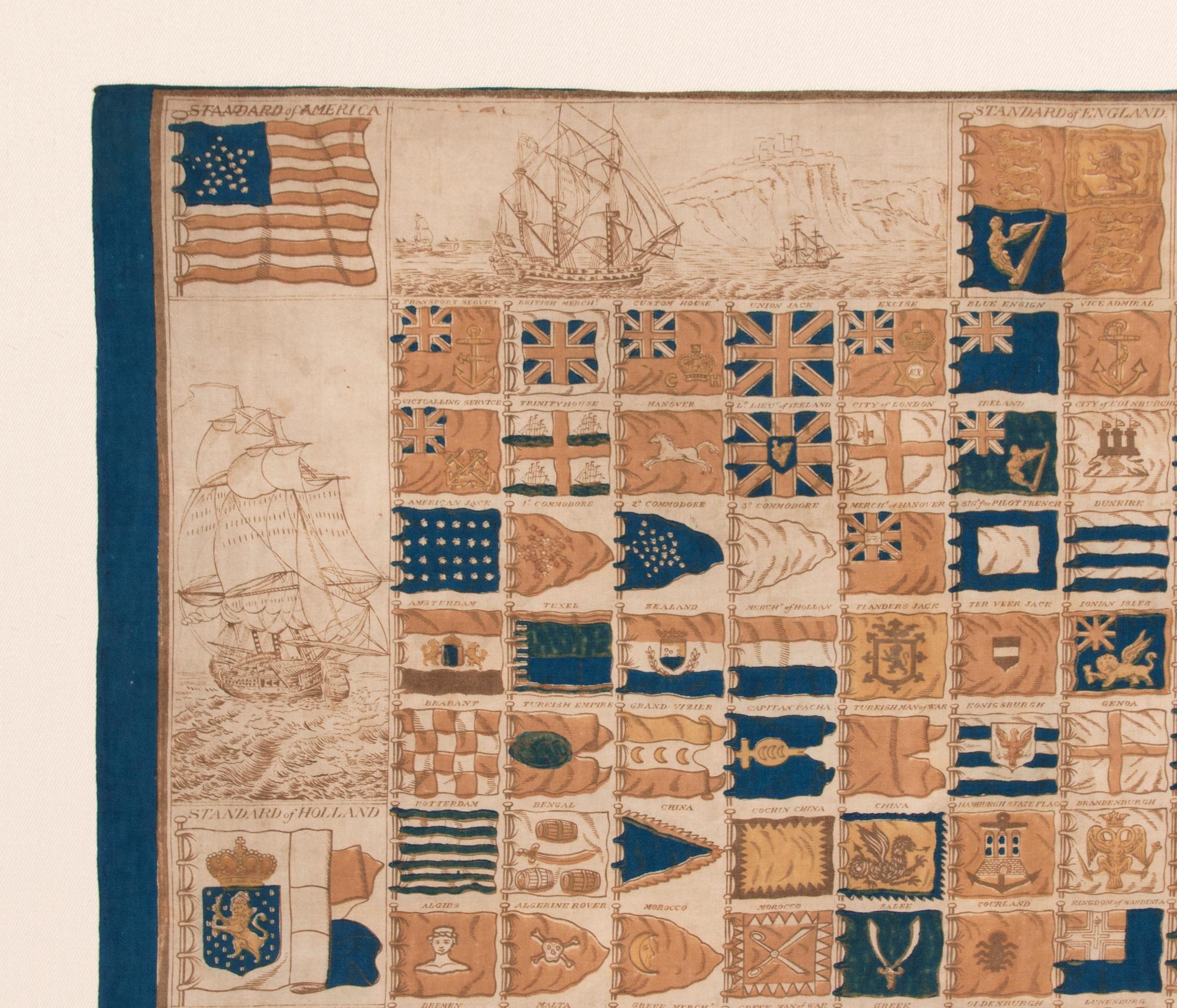 Antiguo pañuelo con una carta de 152 banderas marítimas internacionales, hacia 1837-1845 2