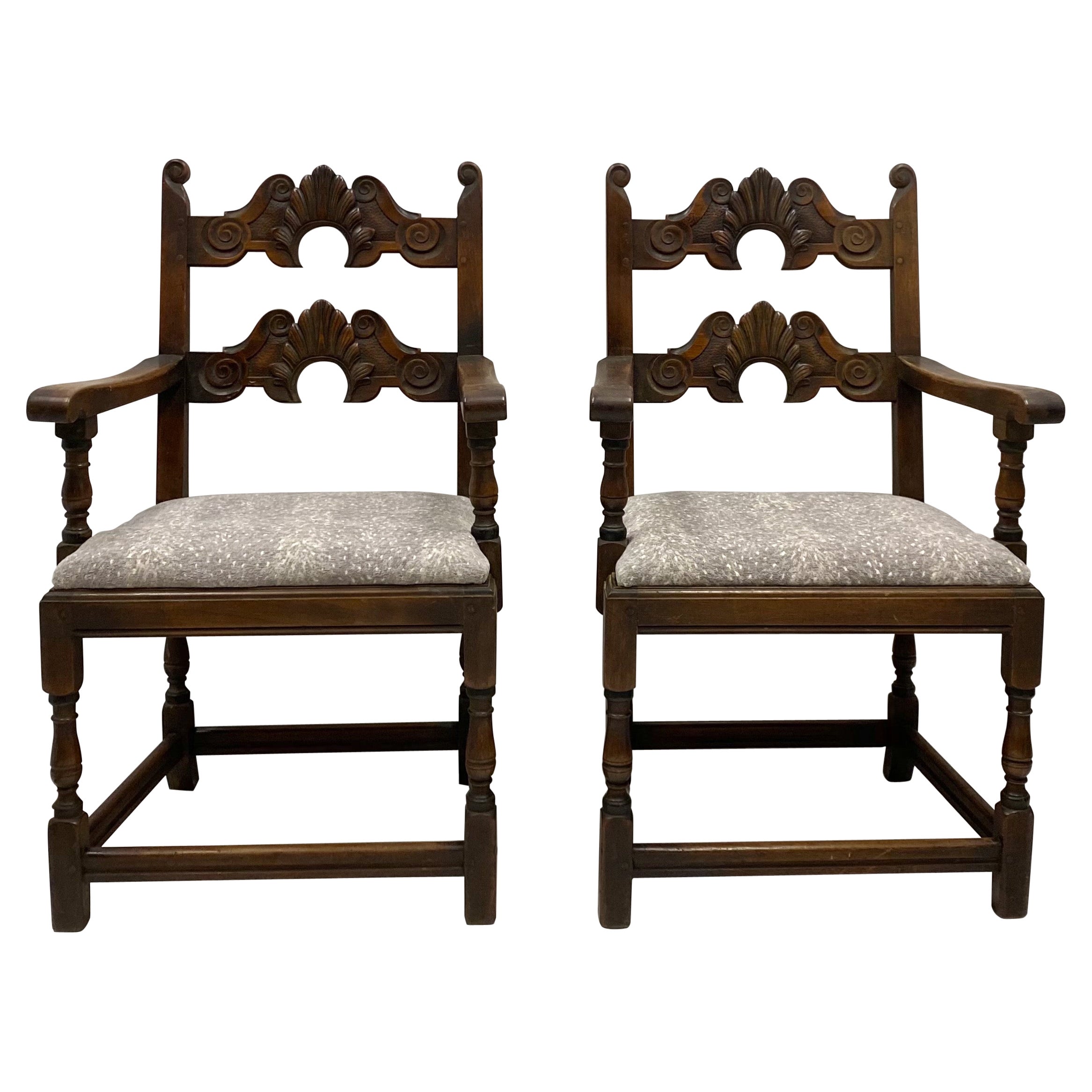Early Kittinger Carved Oak Jacobean Style Bergere Chairs, Pair
