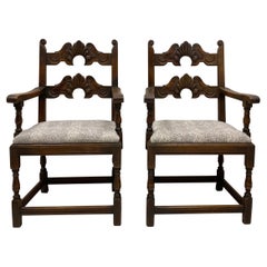 Antique Early Kittinger Carved Oak Jacobean Style Bergere Chairs, Pair