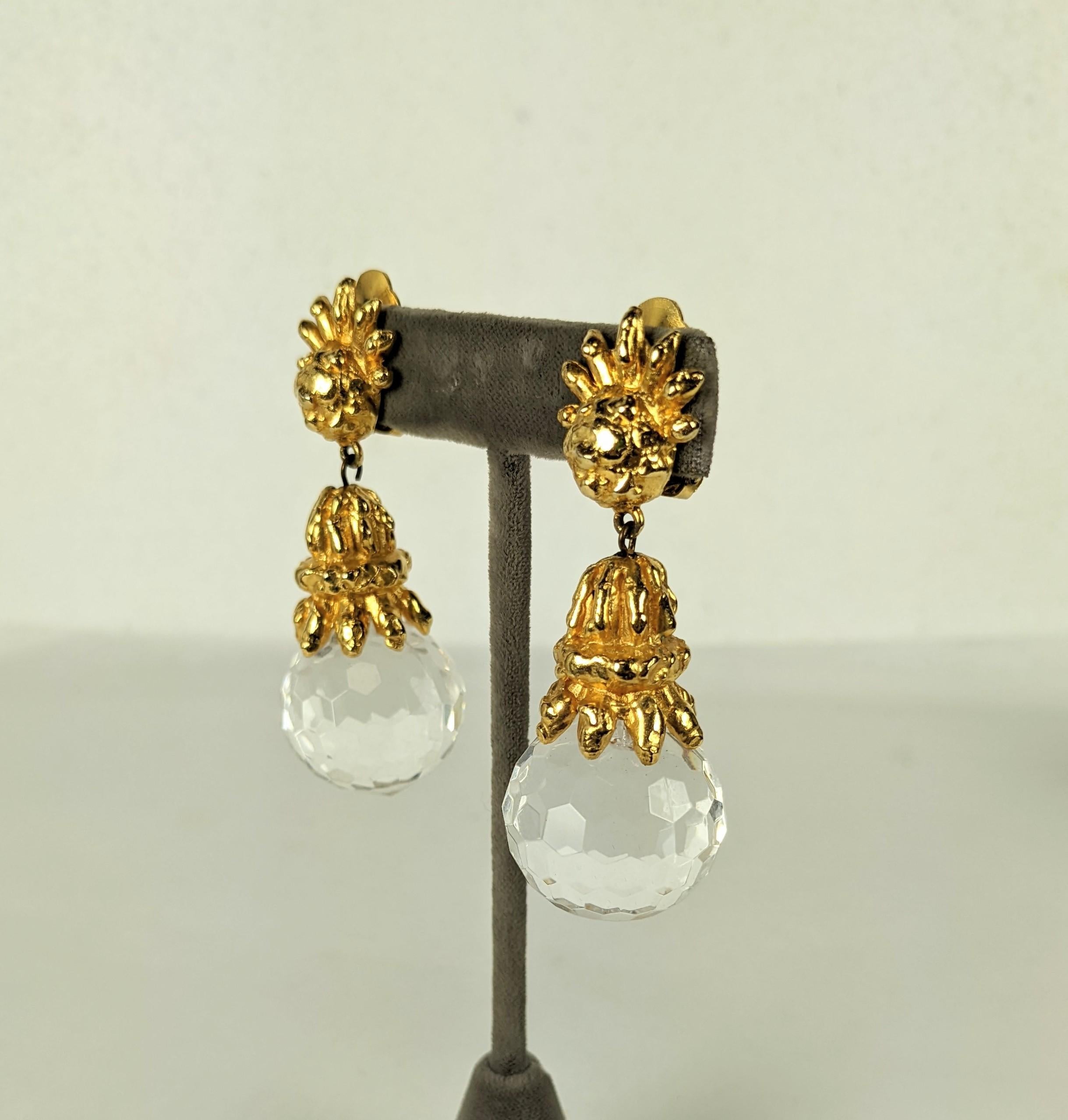 Early K.J.L. Hammered Gold and Crystal Earrings In Excellent Condition For Sale In New York, NY