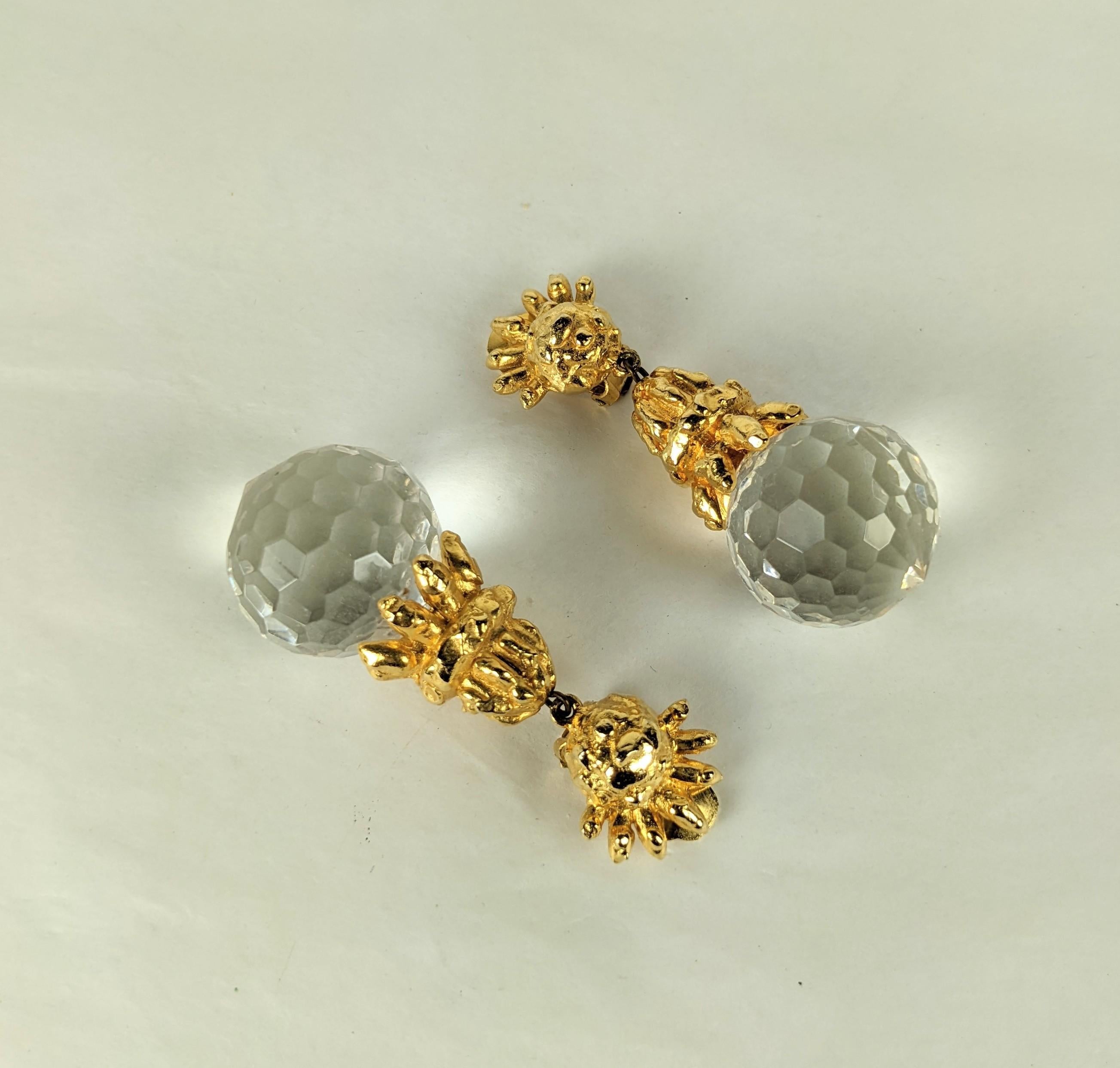 Early K.J.L. Hammered Gold and Crystal Earrings For Sale 1