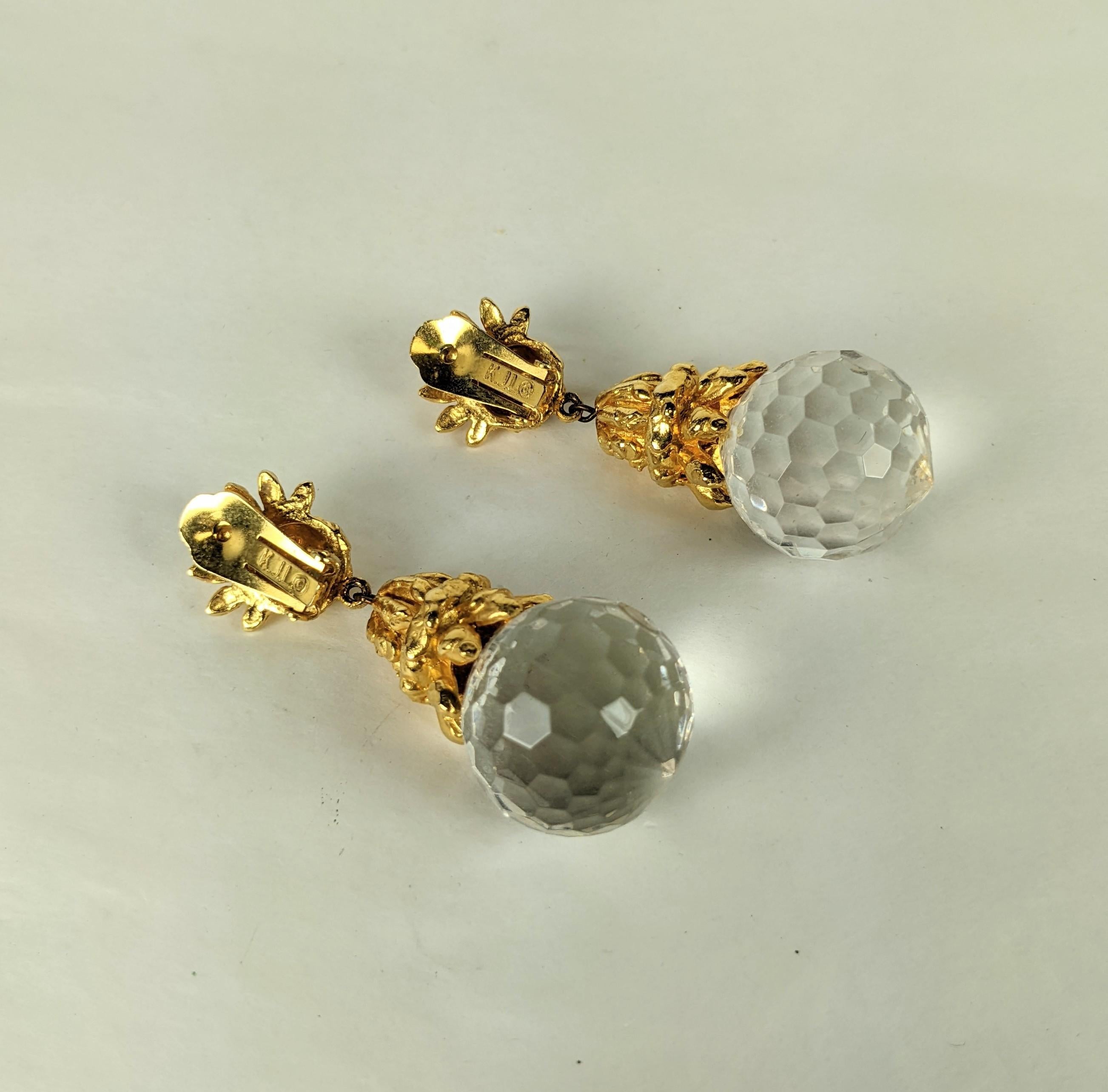 Early K.J.L. Hammered Gold and Crystal Earrings For Sale 2