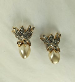 Early K.J.L. Pave Faux Pearl Schlumberger Style Ear Clips