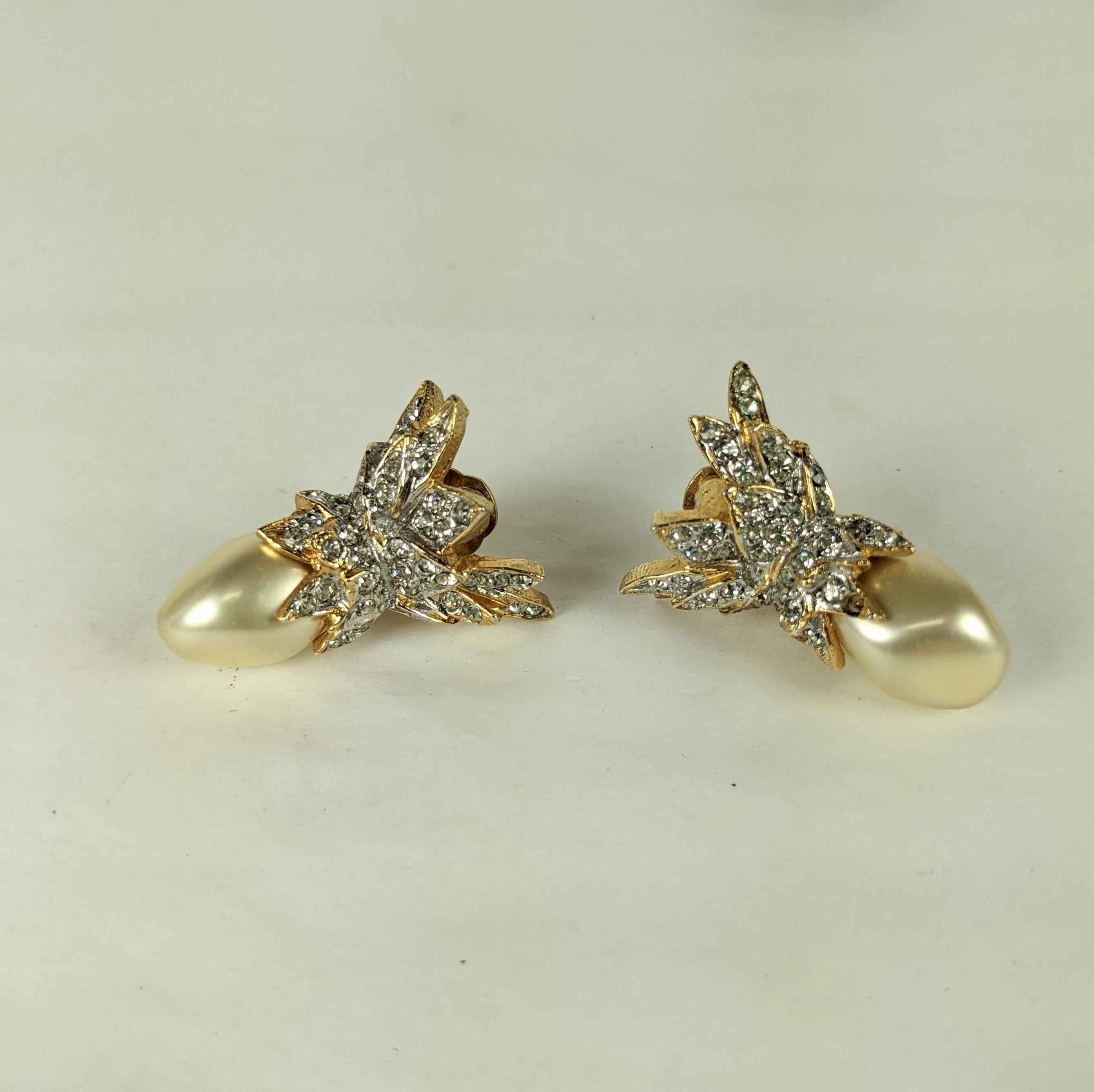 Early K.J.L. Pave Faux Pearl Schlumberger Style Ear Clips In Good Condition For Sale In New York, NY