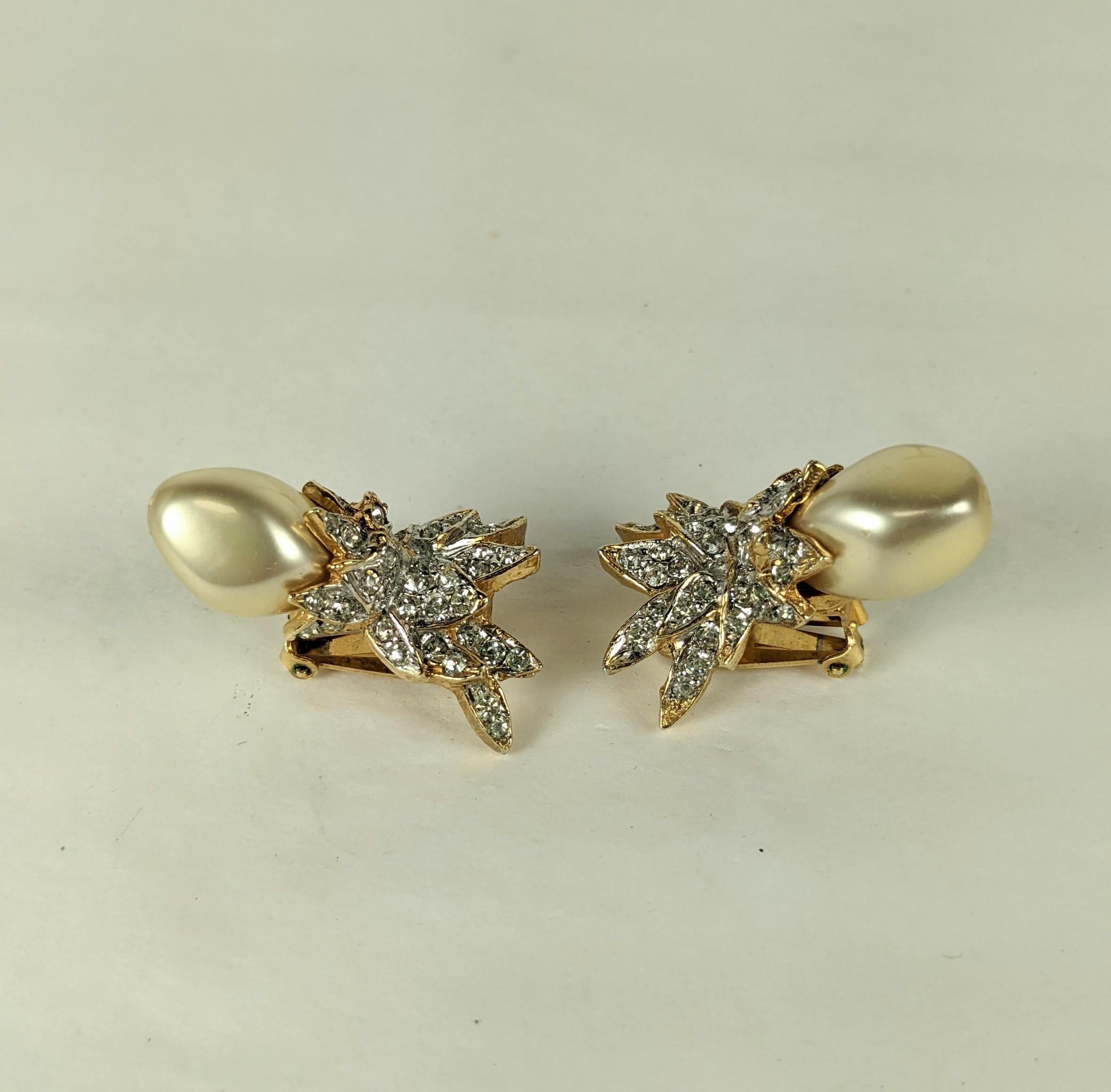 Early K.J.L. Pave Faux Pearl Schlumberger Style Ear Clips For Sale 2