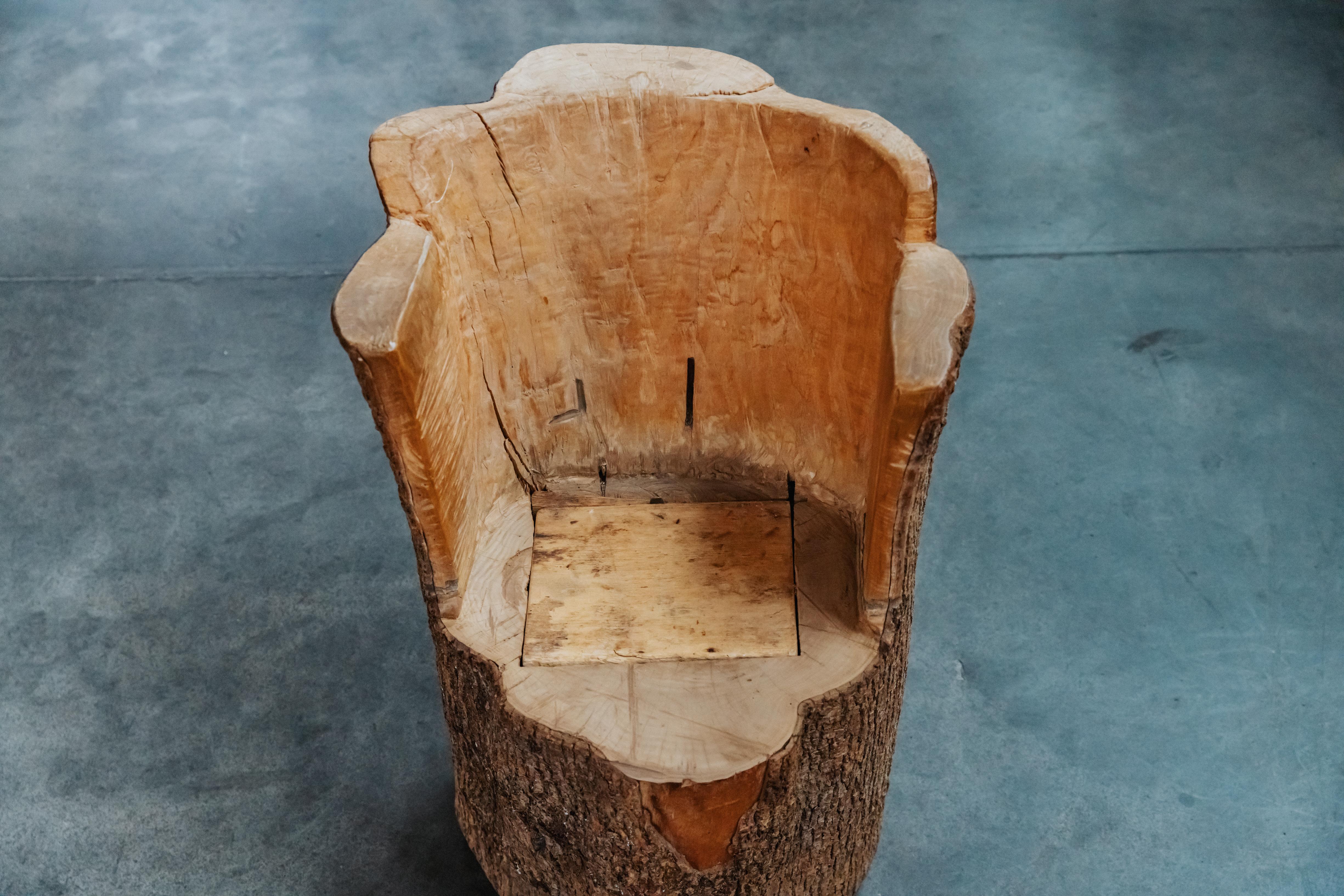 Early Kubb Stool Chair From France, Circa 1920.  Solid carved oak construction with great patina and use.
