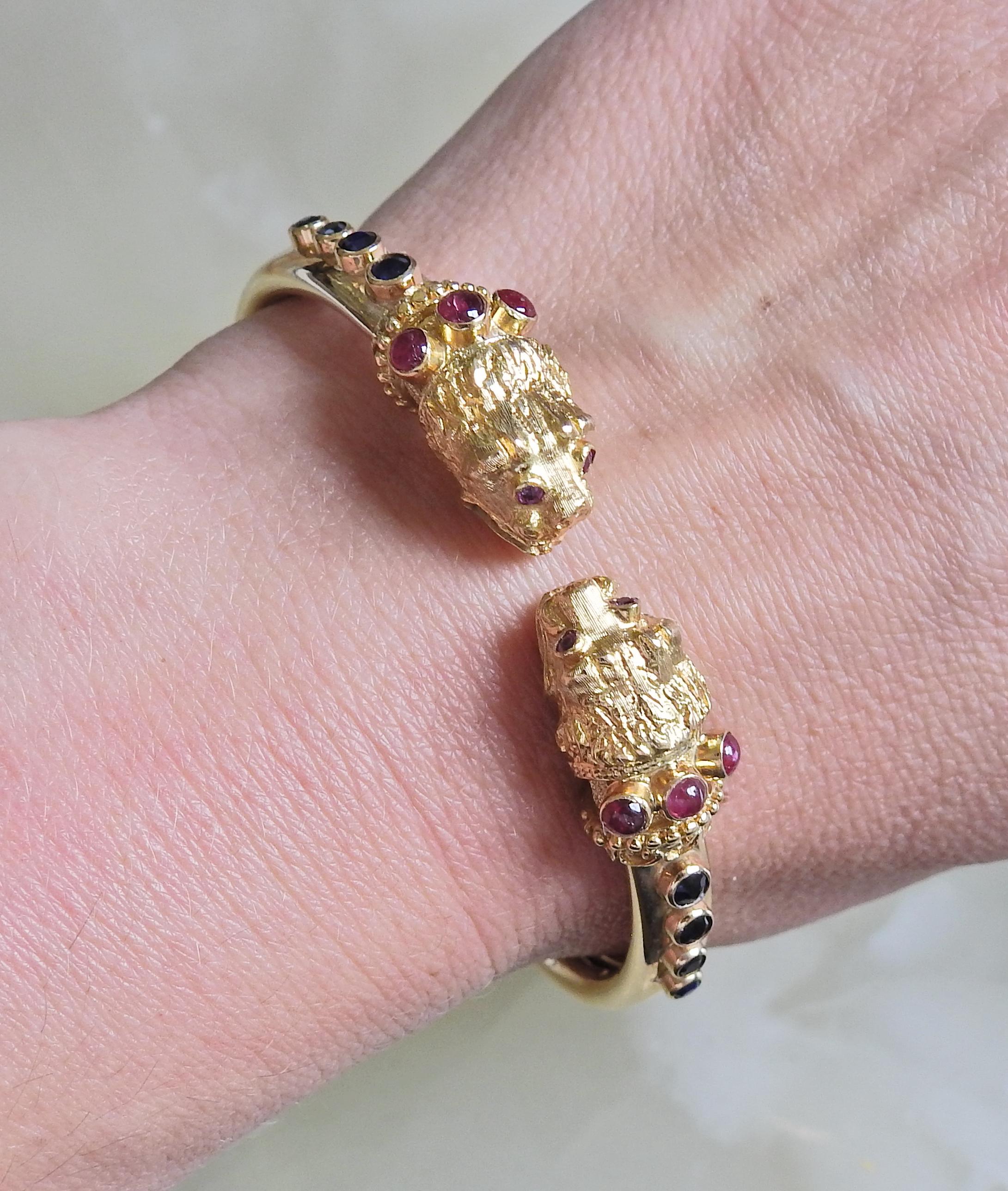 Round Cut Early Lalaounis Greece Chimera Ruby Diamond Gold Bypass Bracelet For Sale