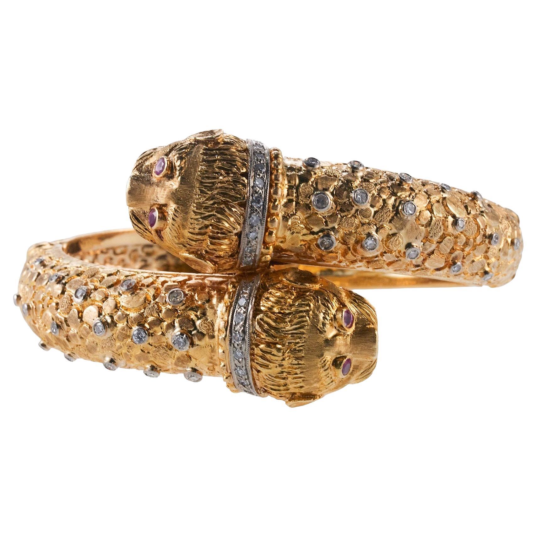 Early Lalaounis Greece Chimera Ruby Diamond Gold Bypass Bracelet For Sale