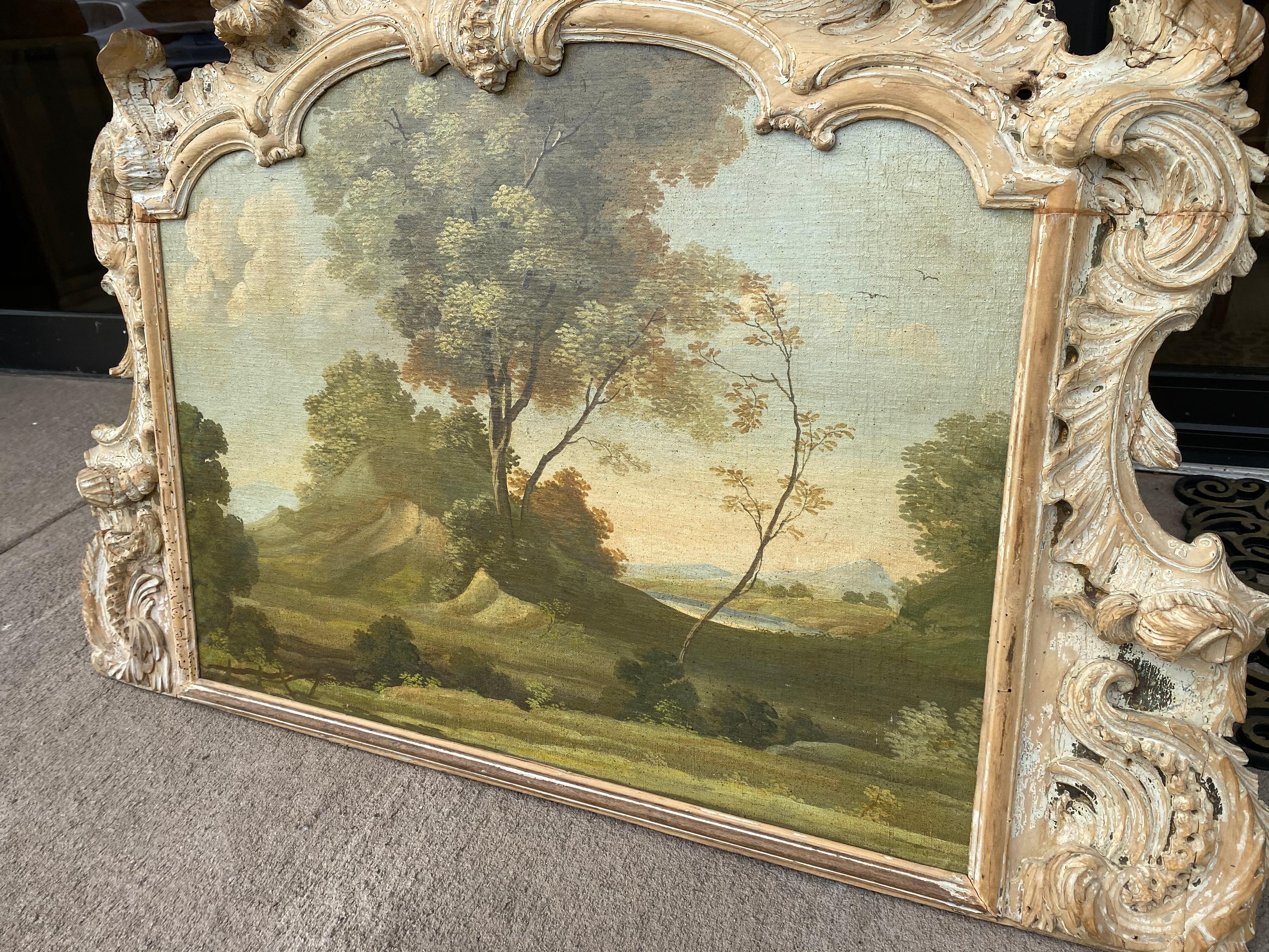French Provincial Early Landscape in Carved Boiserie Frame