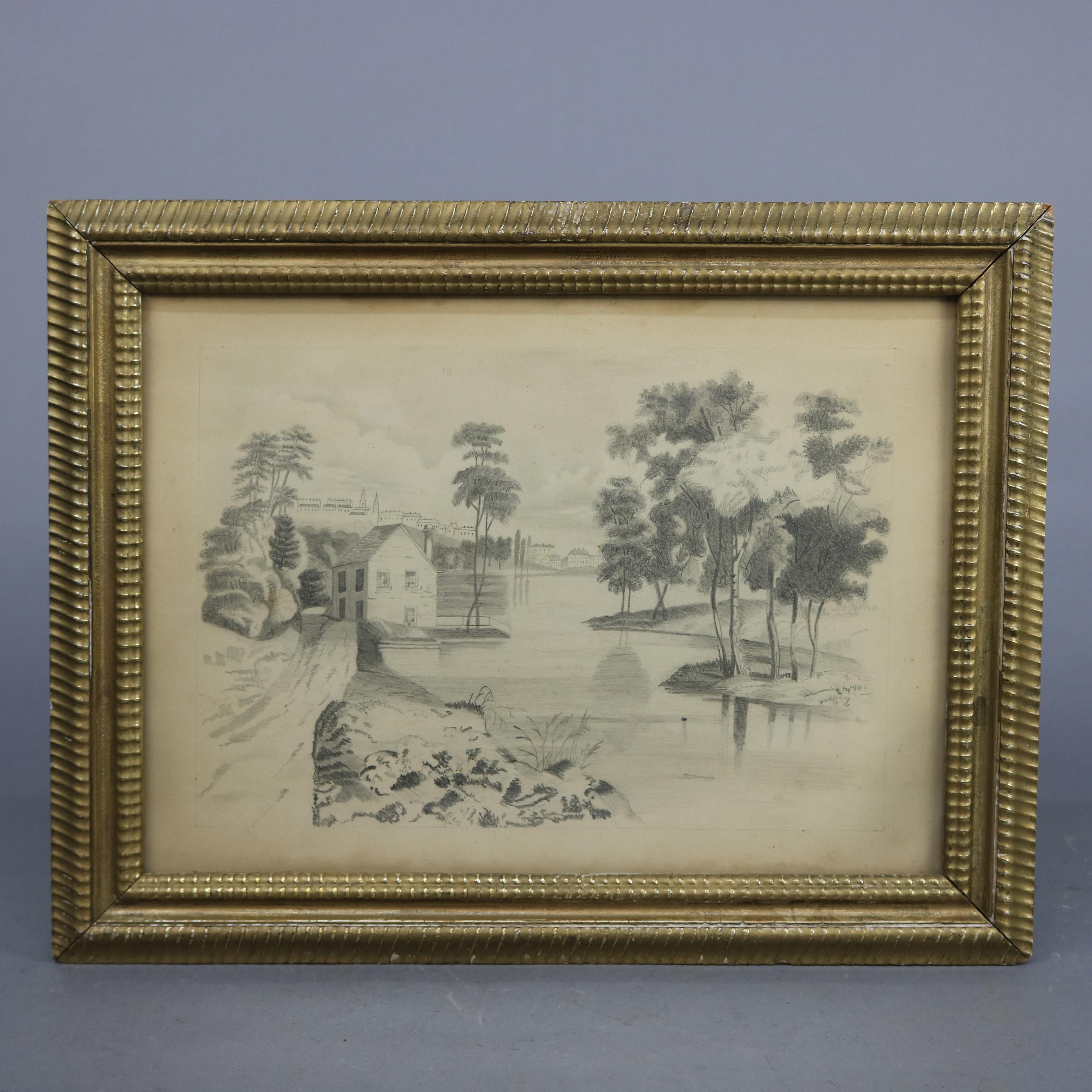 Carved Early Landscape Pencil Drawing in Original Frame, c1880