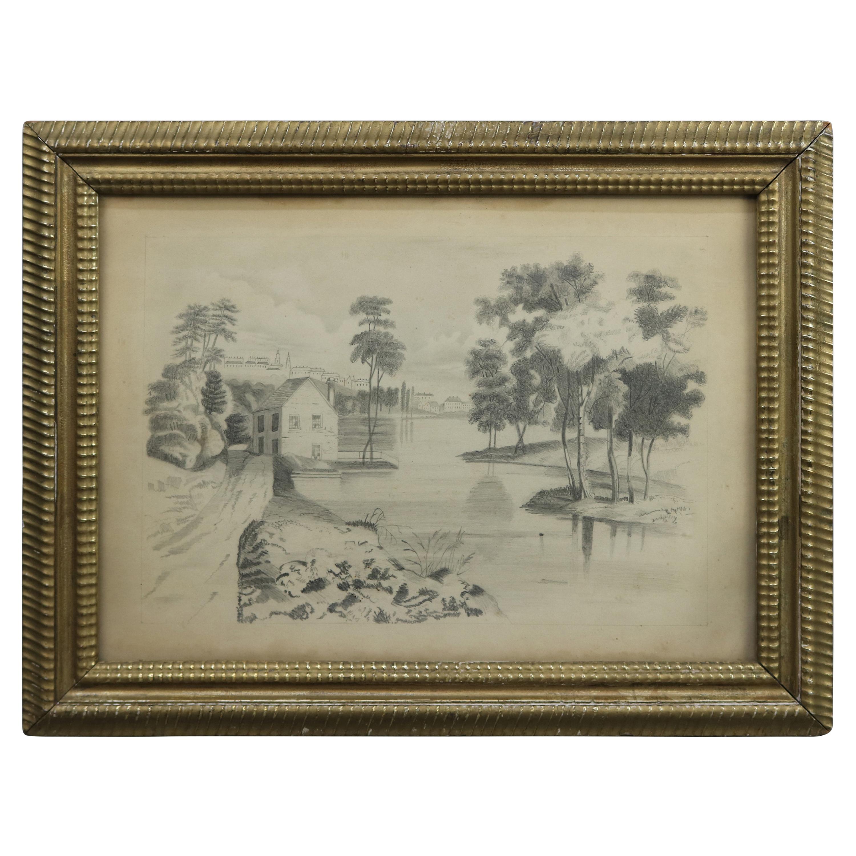 Early Landscape Pencil Drawing in Original Frame, c1880