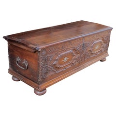 Early Large 18th Century German Oak Marriage Trunk Vaulted Lid with Carvings