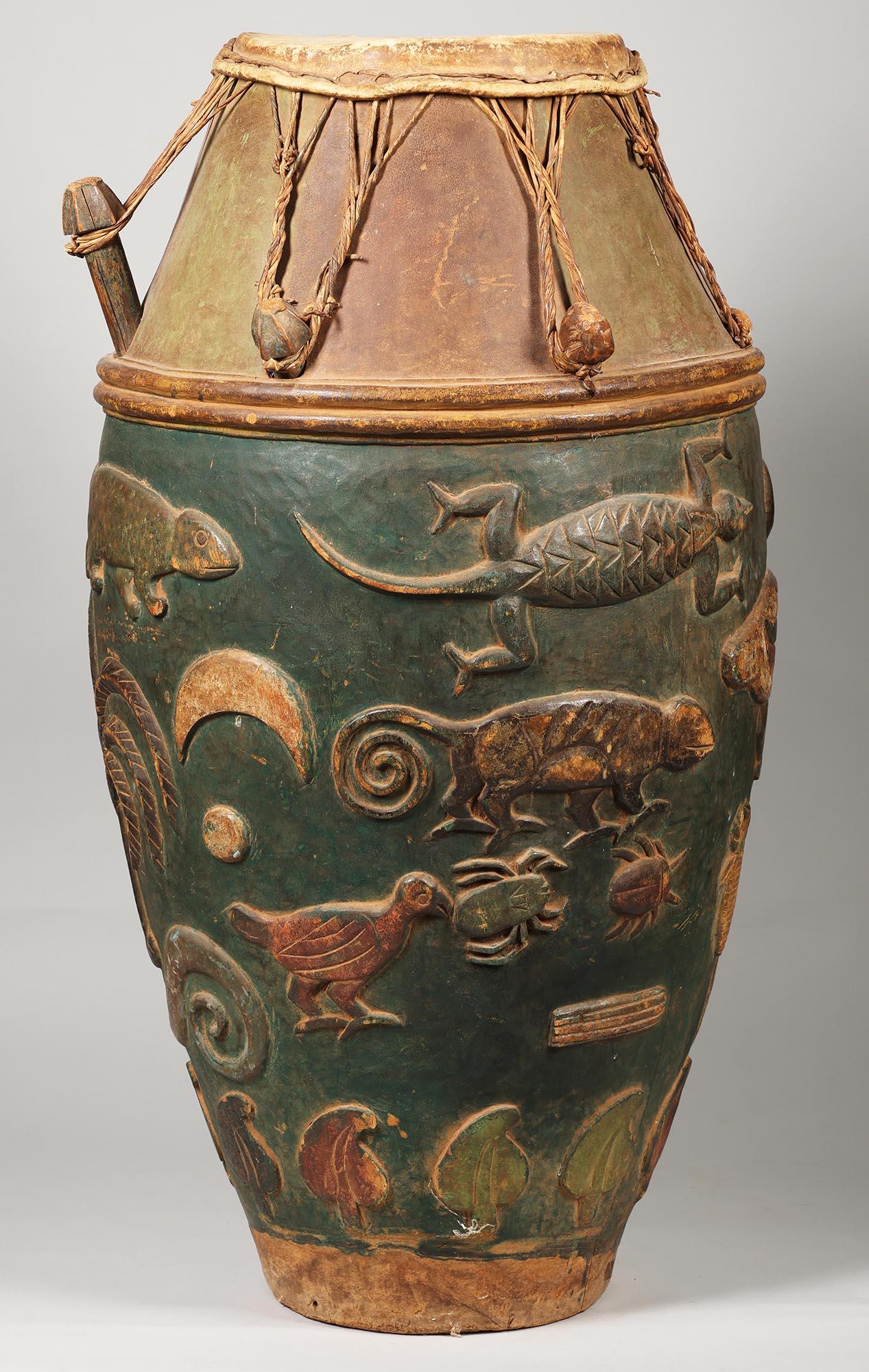 Hand-Carved Early Large Ashanti Polychrome Mother Drum, Ghana early 20th century Osei Bonsu For Sale