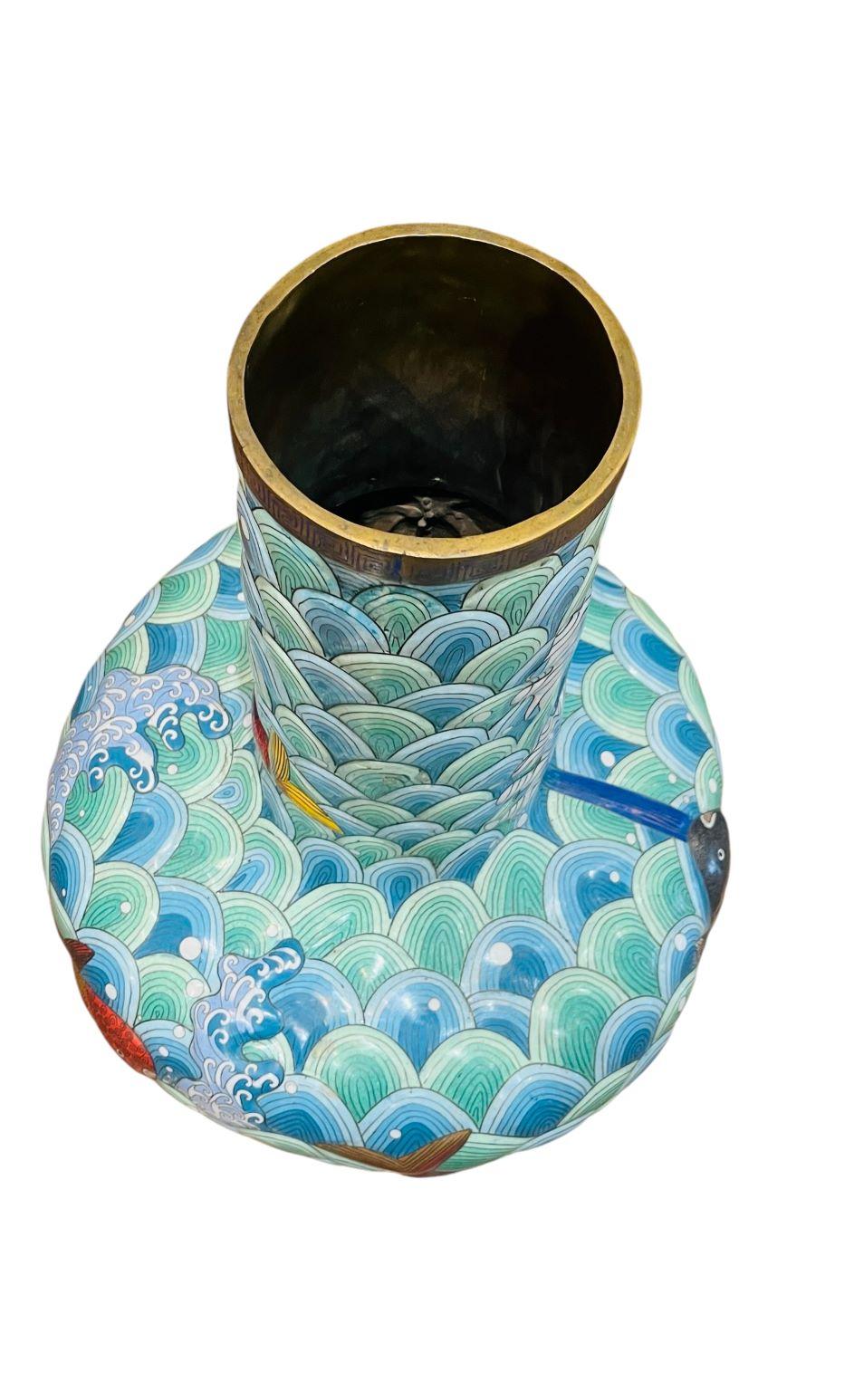 Early Large Cloisonne Japanese Vase With Vibrant Koi 4