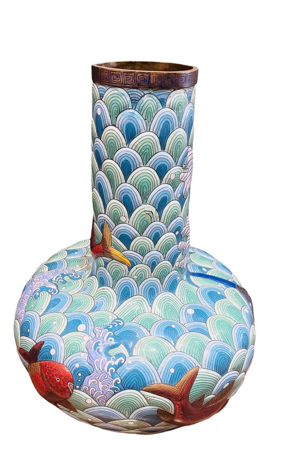 Early Large Cloisonne Japanese Vase With Vibrant Koi 6