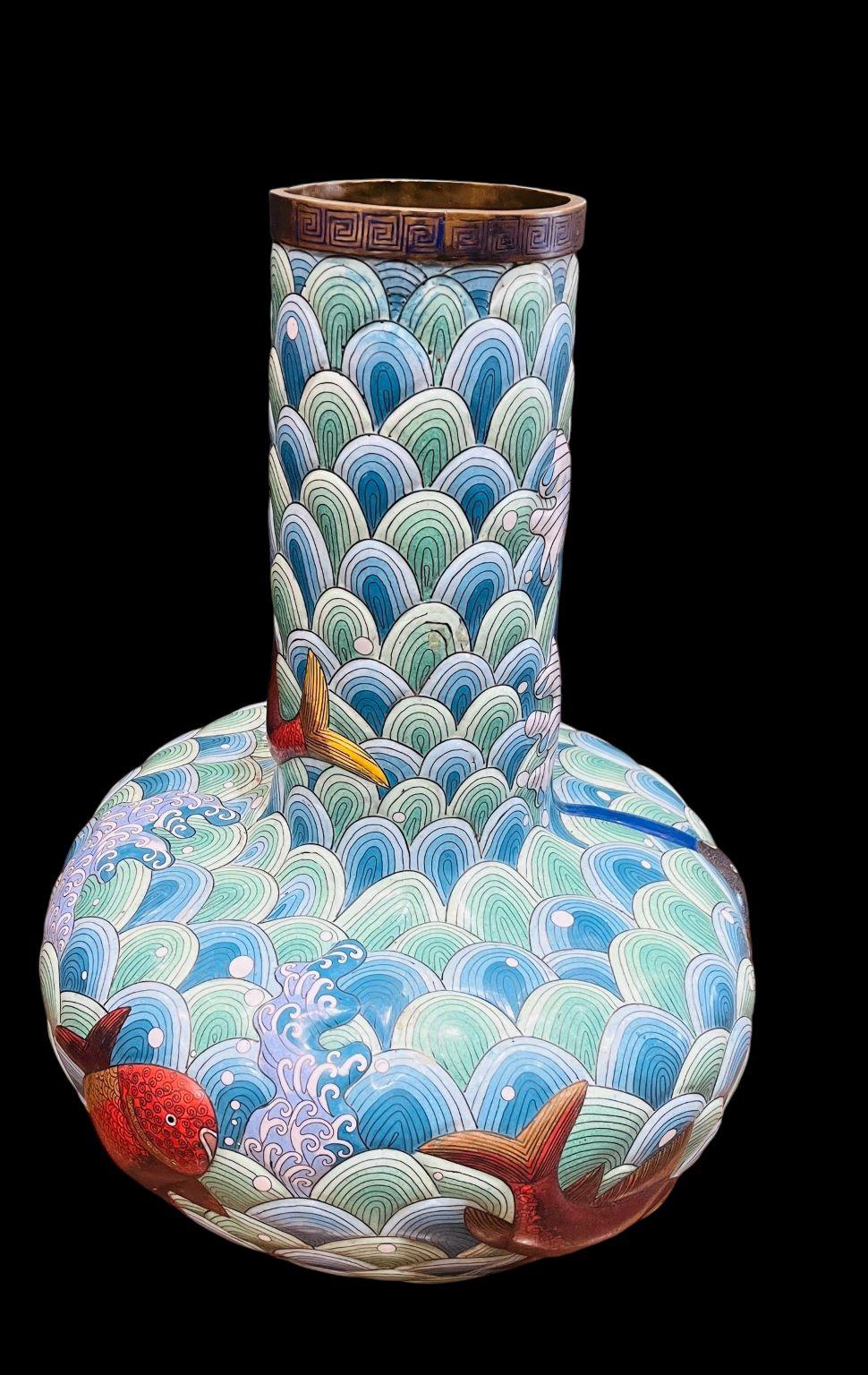 Early Large Cloisonne Japanese Vase With Vibrant Koi 7