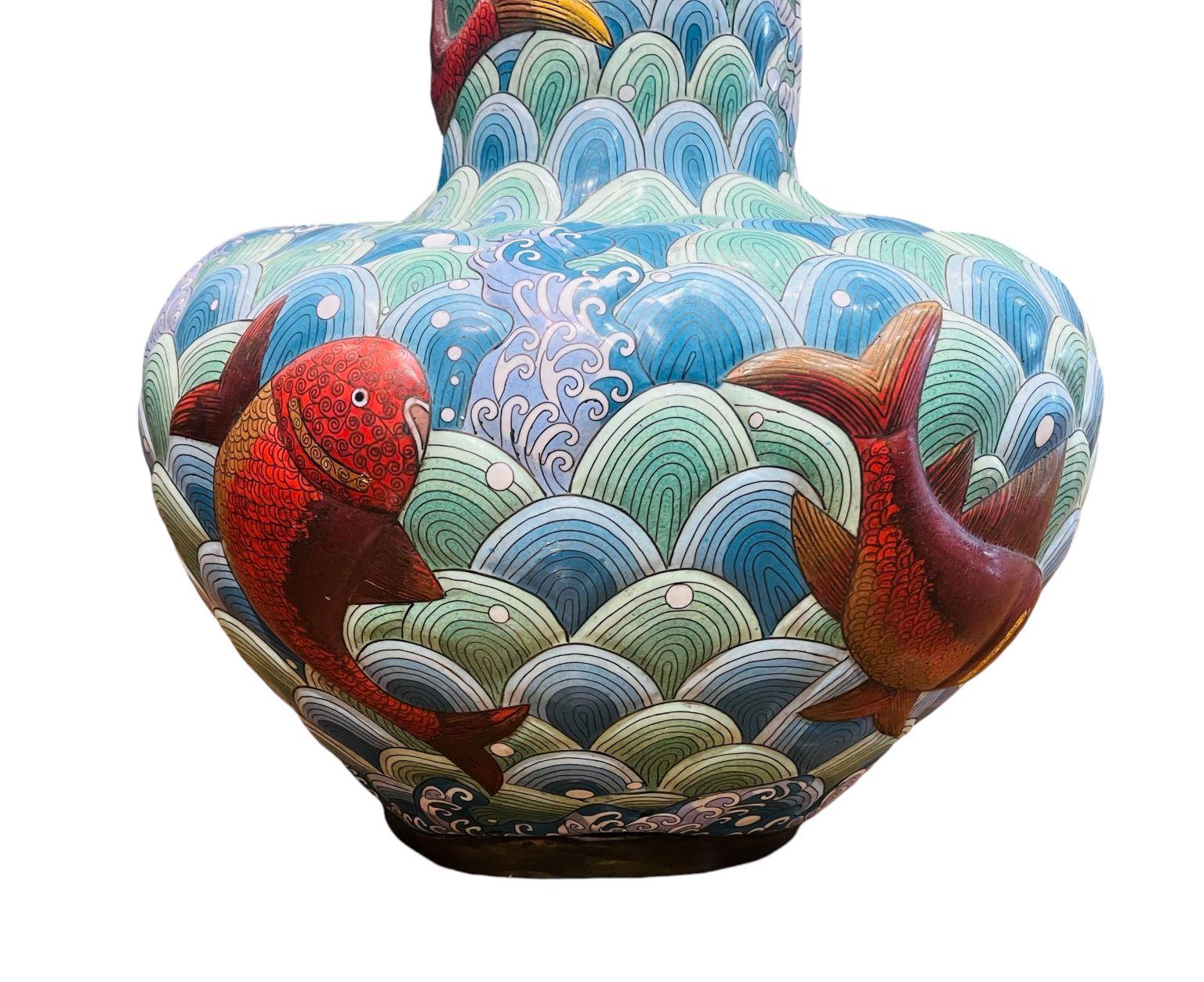 Early Large Cloisonne Japanese Vase With Vibrant Koi 8