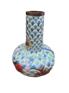 Early Large Cloisonne Japanese Vase With Vibrant Koi