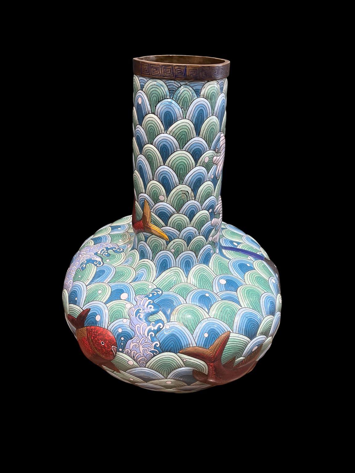 Meiji Early Large Cloisonne Japanese Vase With Vibrant Koi