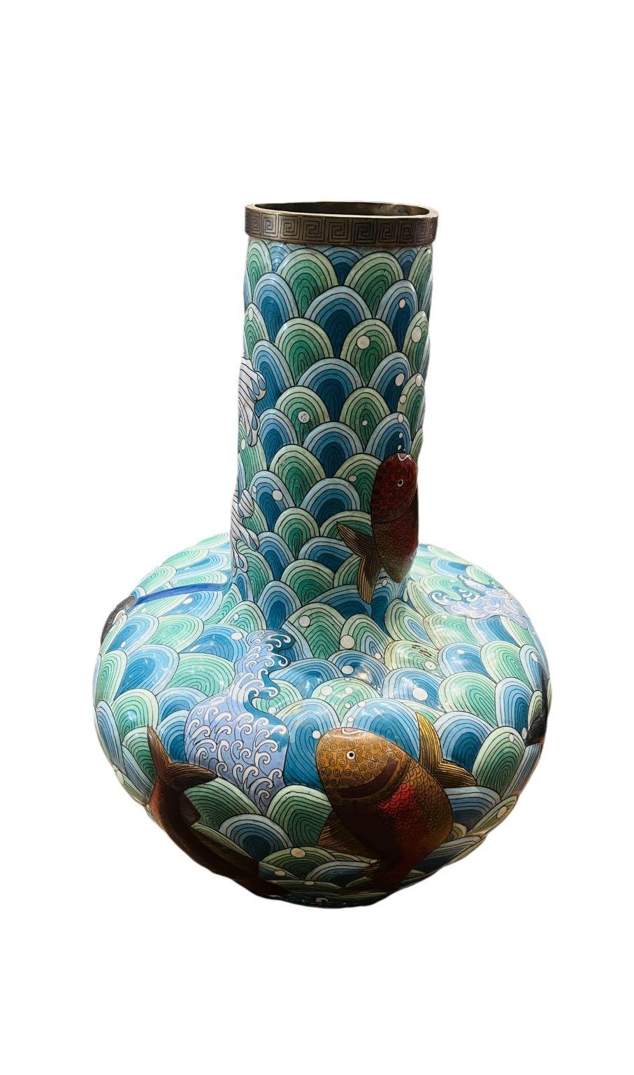 Late 19th Century Early Large Cloisonne Japanese Vase With Vibrant Koi