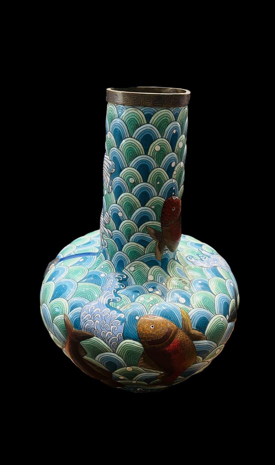 Brass Early Large Cloisonne Japanese Vase With Vibrant Koi