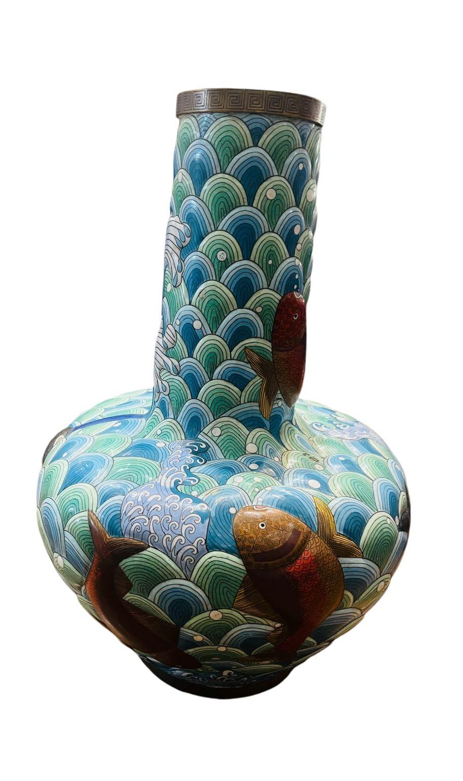 Early Large Cloisonne Japanese Vase With Vibrant Koi 1