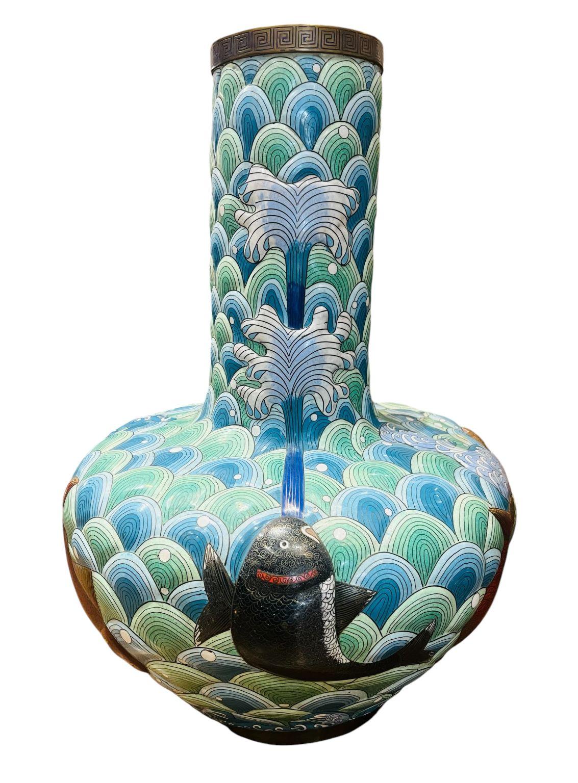 Early Large Cloisonne Japanese Vase With Vibrant Koi 2
