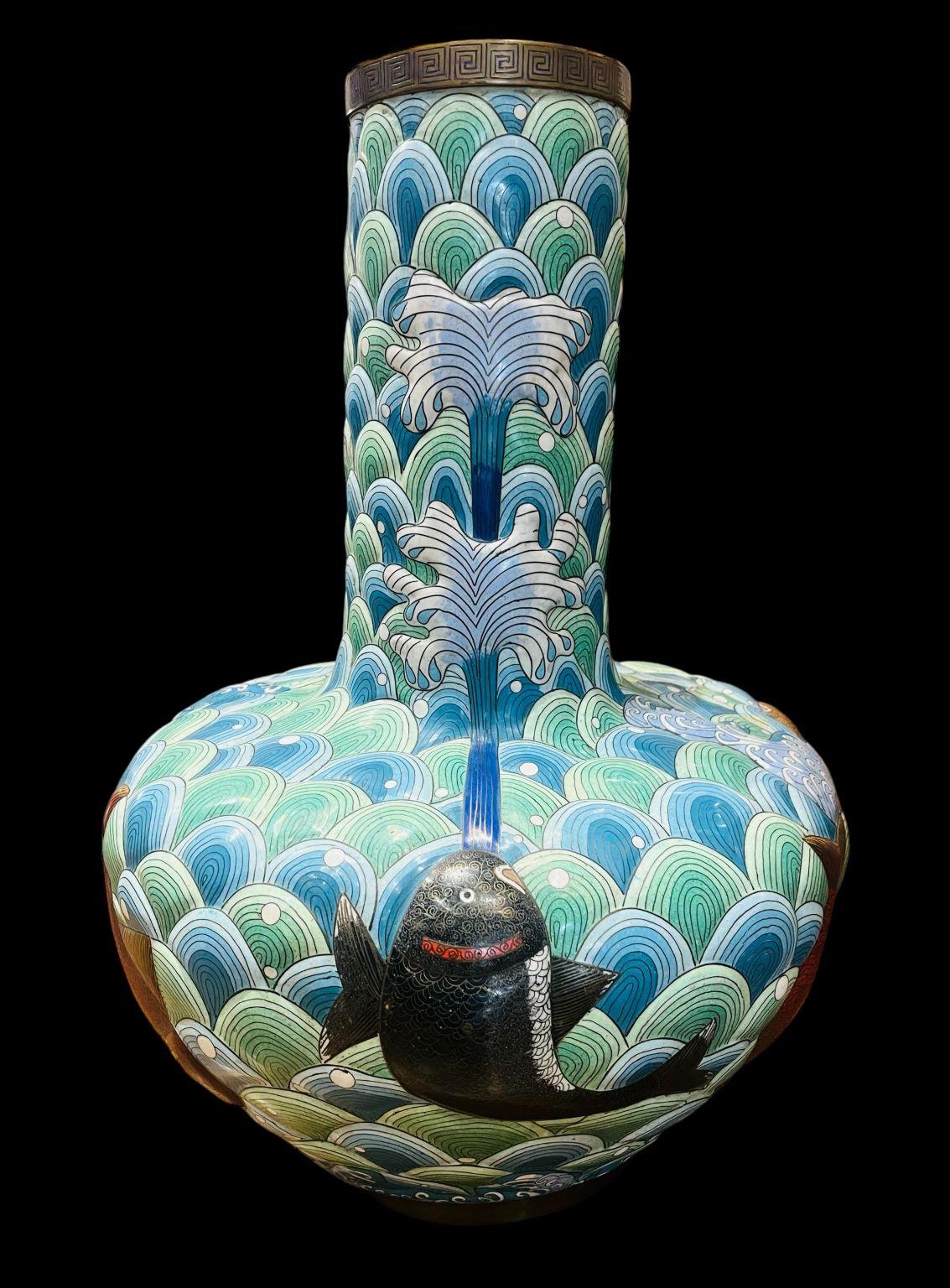 Early Large Cloisonne Japanese Vase With Vibrant Koi 3
