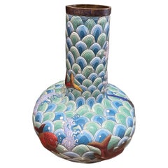 Early Large Cloisonne Japanese Vase With Vibrant Koi