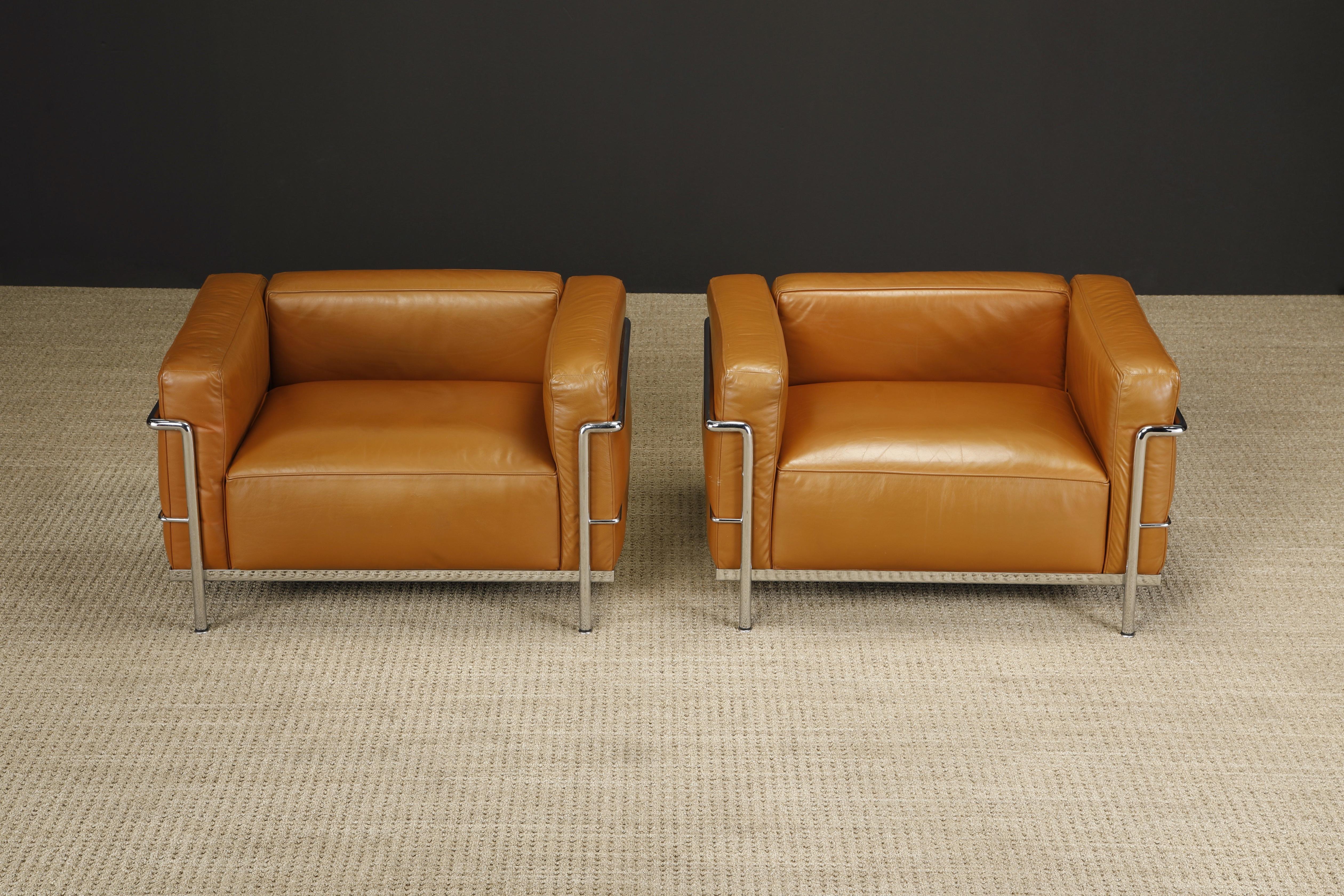 Bauhaus Early 'LC3' Club Chairs in Cognac Leather by Le Corbusier for Cassina, Signed