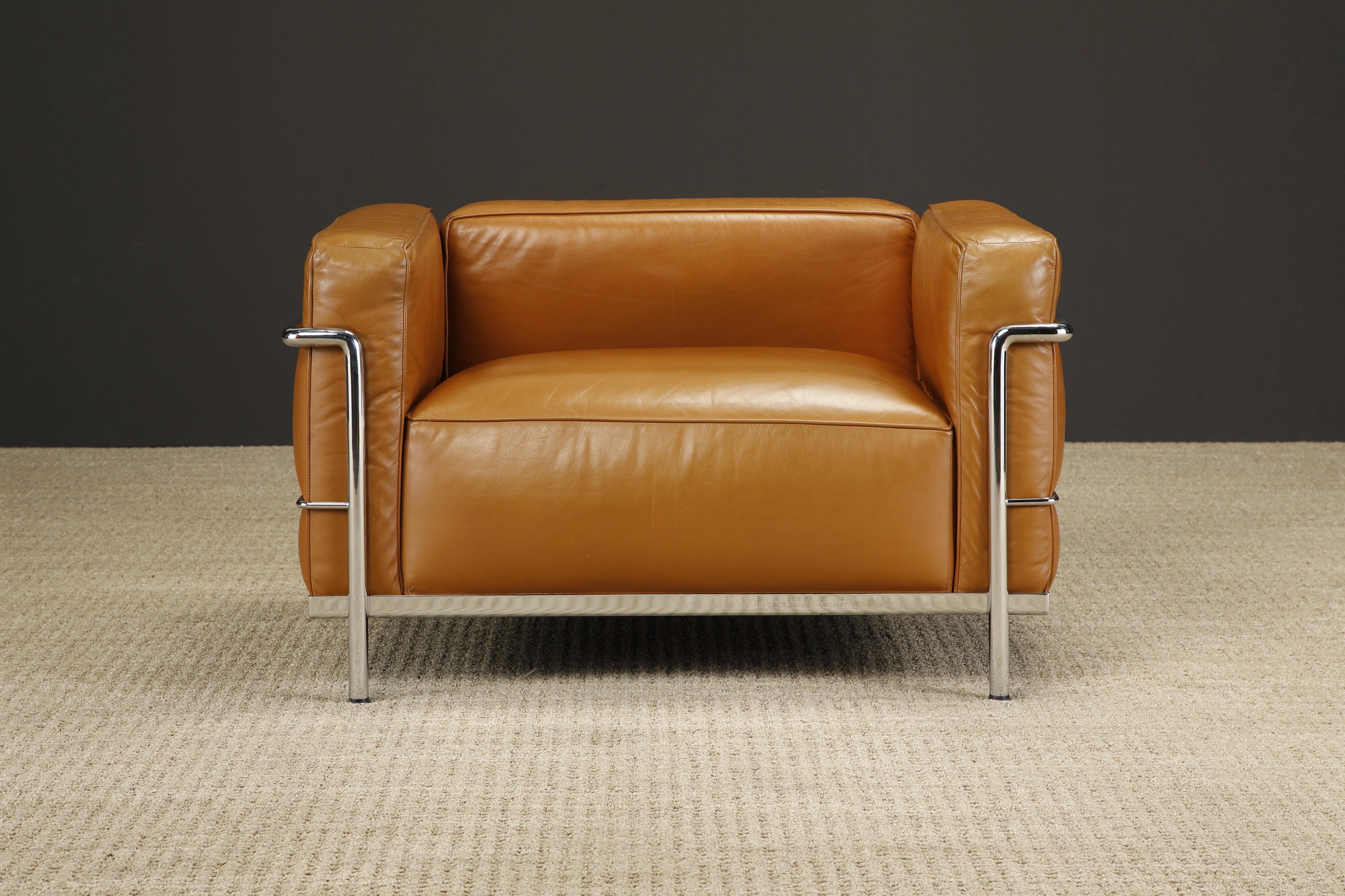 Early 'LC3' Club Chairs in Cognac Leather by Le Corbusier for Cassina, Signed In Good Condition In Los Angeles, CA