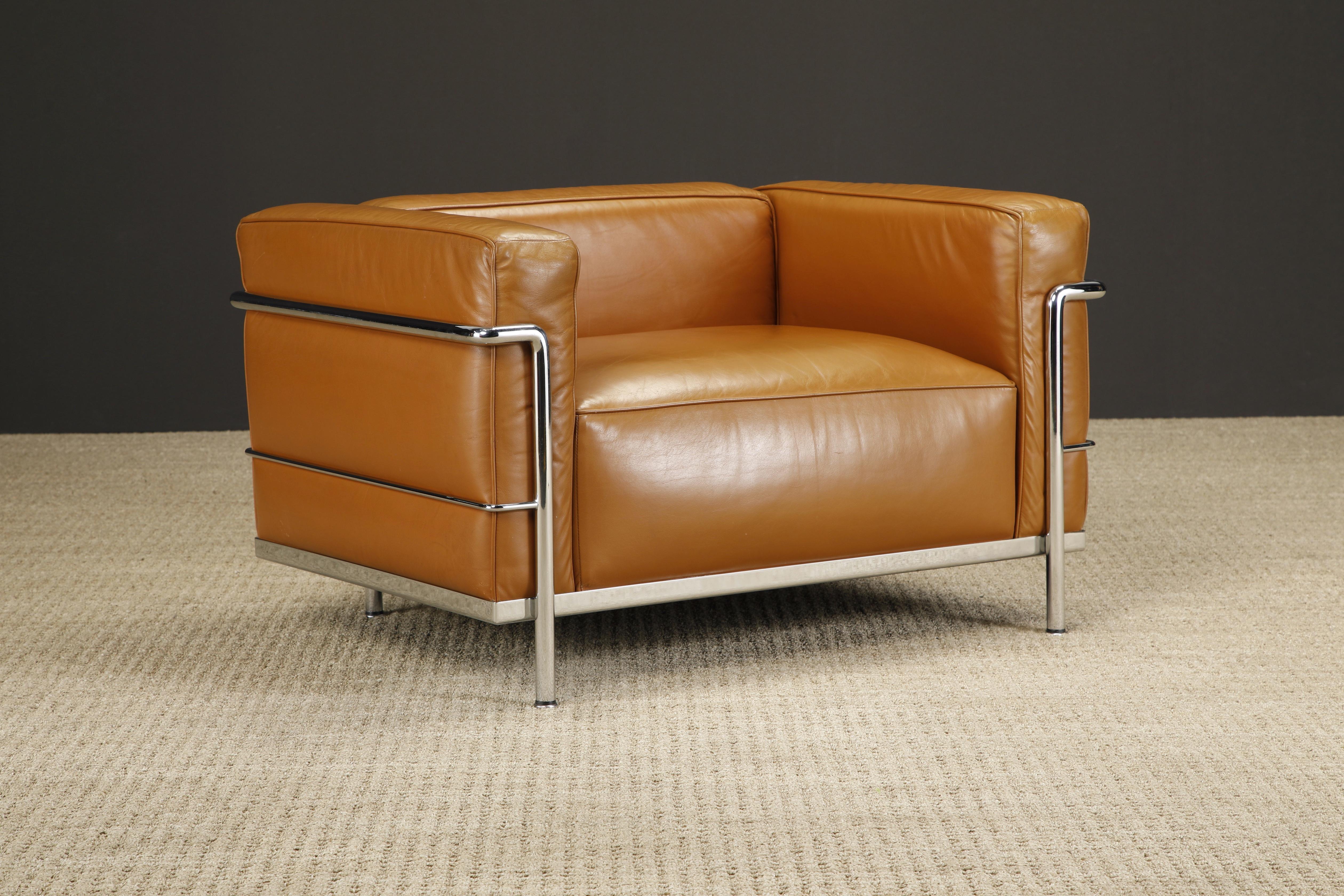 Late 20th Century Early 'LC3' Club Chairs in Cognac Leather by Le Corbusier for Cassina, Signed