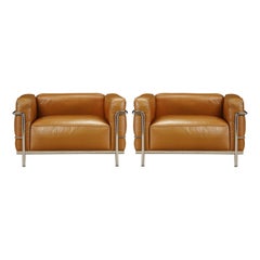 Early 'LC3' Club Chairs in Cognac Leather by Le Corbusier for Cassina, Signed
