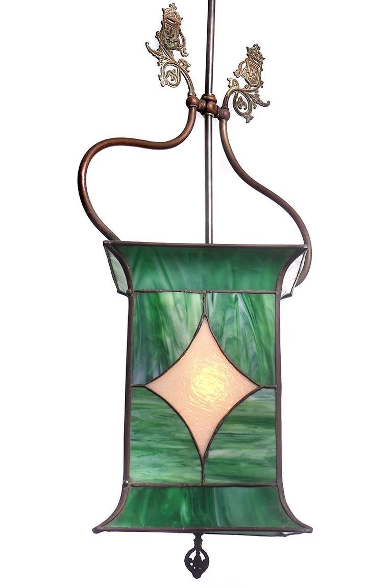American Craftsman Early Leaded Glass Gas Lamp For Sale