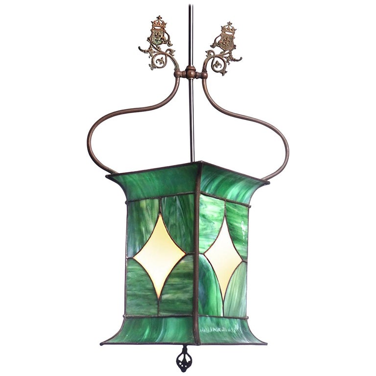 Early Leaded Glass Gas Lamp For Sale