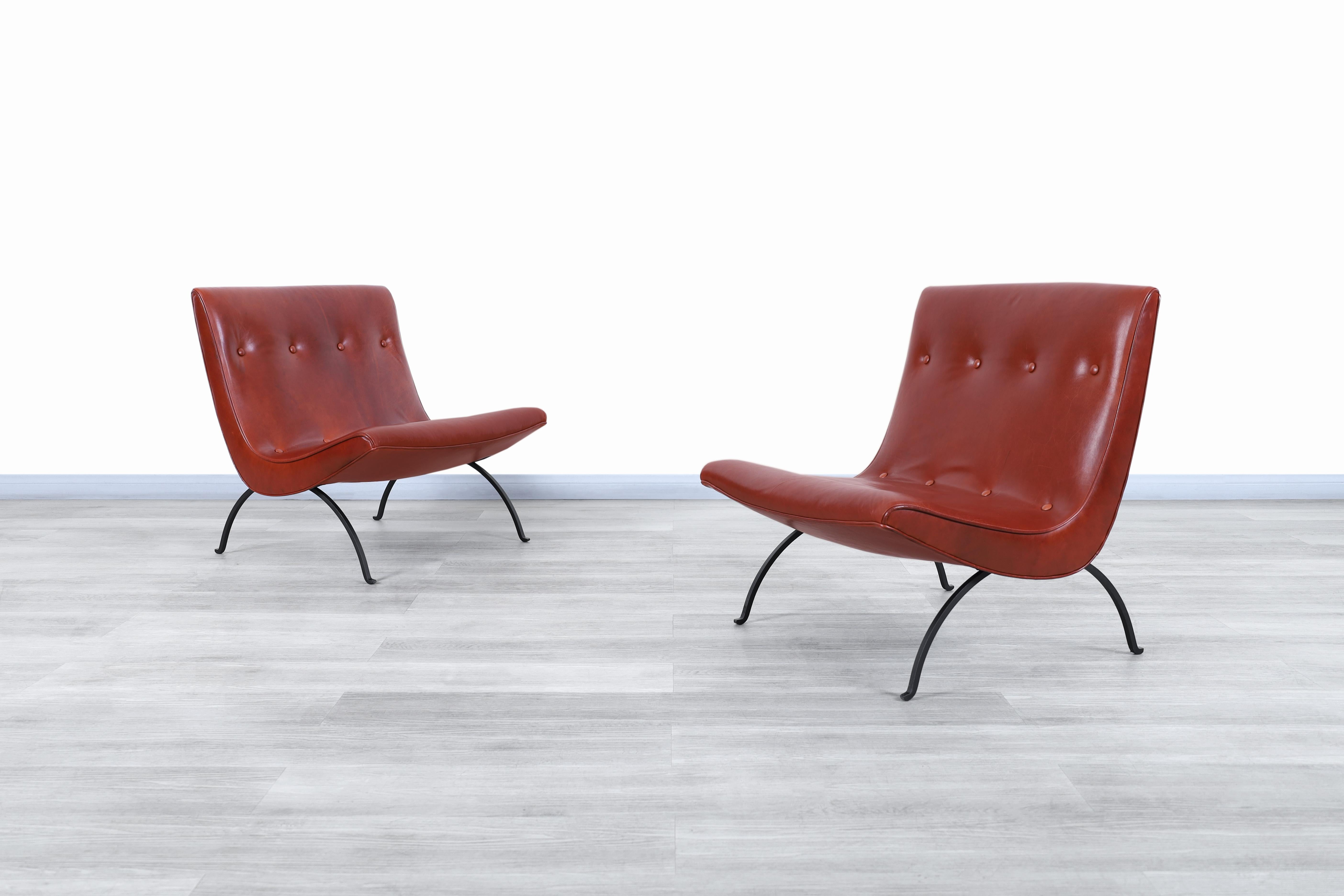 Fabulous vintage leather and iron “Scoop” lounge chairs designed by Milo Baughman for Thayer Coggin in the United States, circa 1950s. These chairs have a unique and innovative design, characteristics that distinguish Milo Baughman's design apart