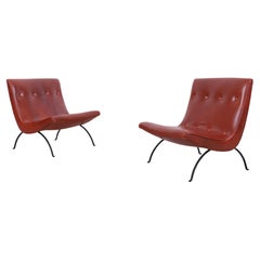 Early Leather and Iron "Scoop" Lounge Chairs by Milo Baughman