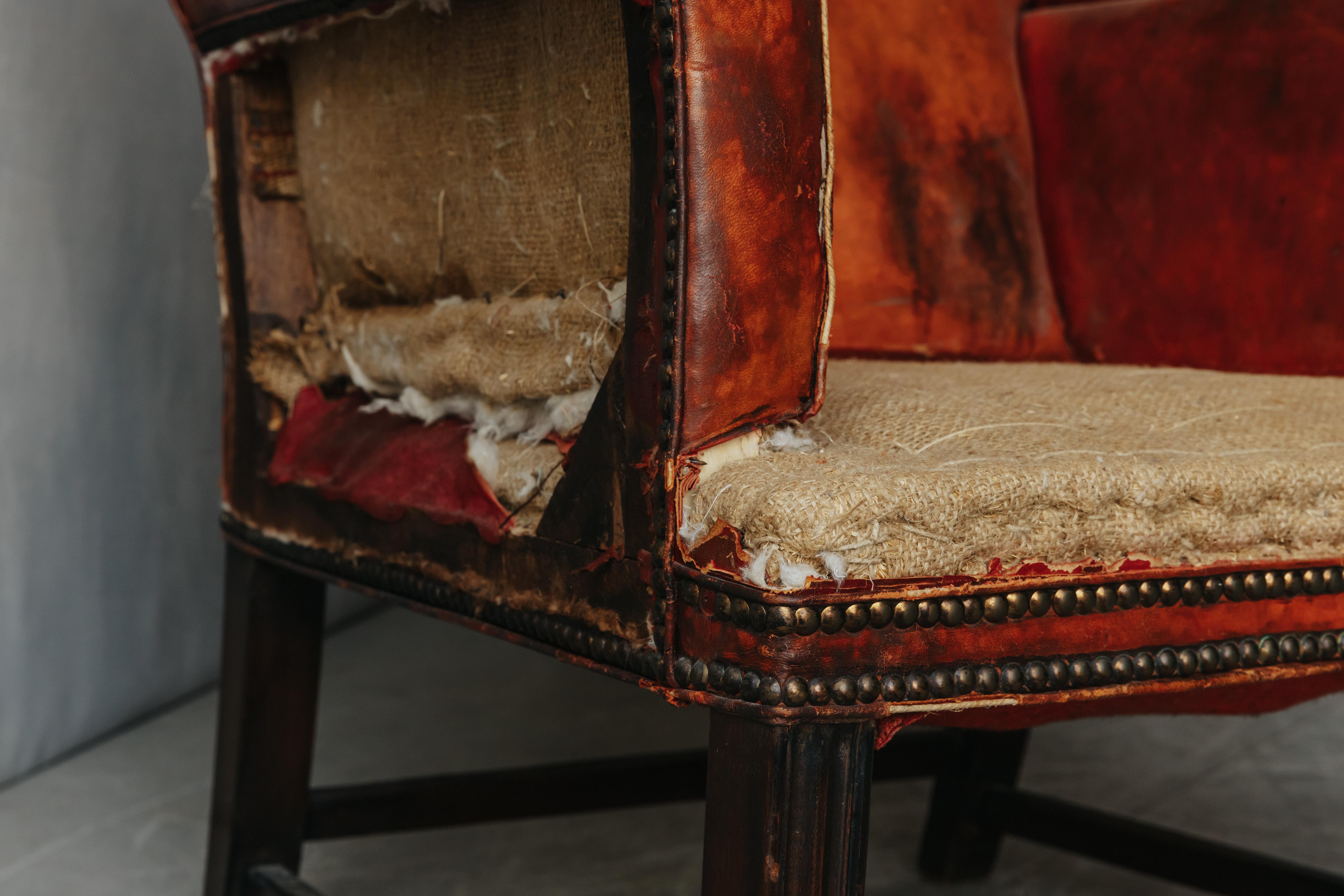 Early Leather Wingback Chair From France, Circa 1930 In Good Condition In Nashville, TN