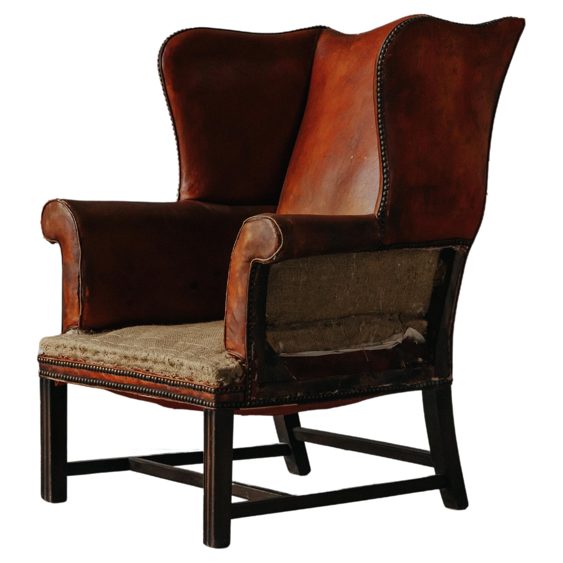 Early Leather Wingback Chair From France, Circa 1930