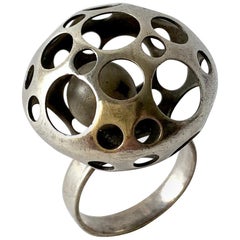 Early Liisa Vitali Finnish Modernist Sterling Silver Kinetic Ball Ring