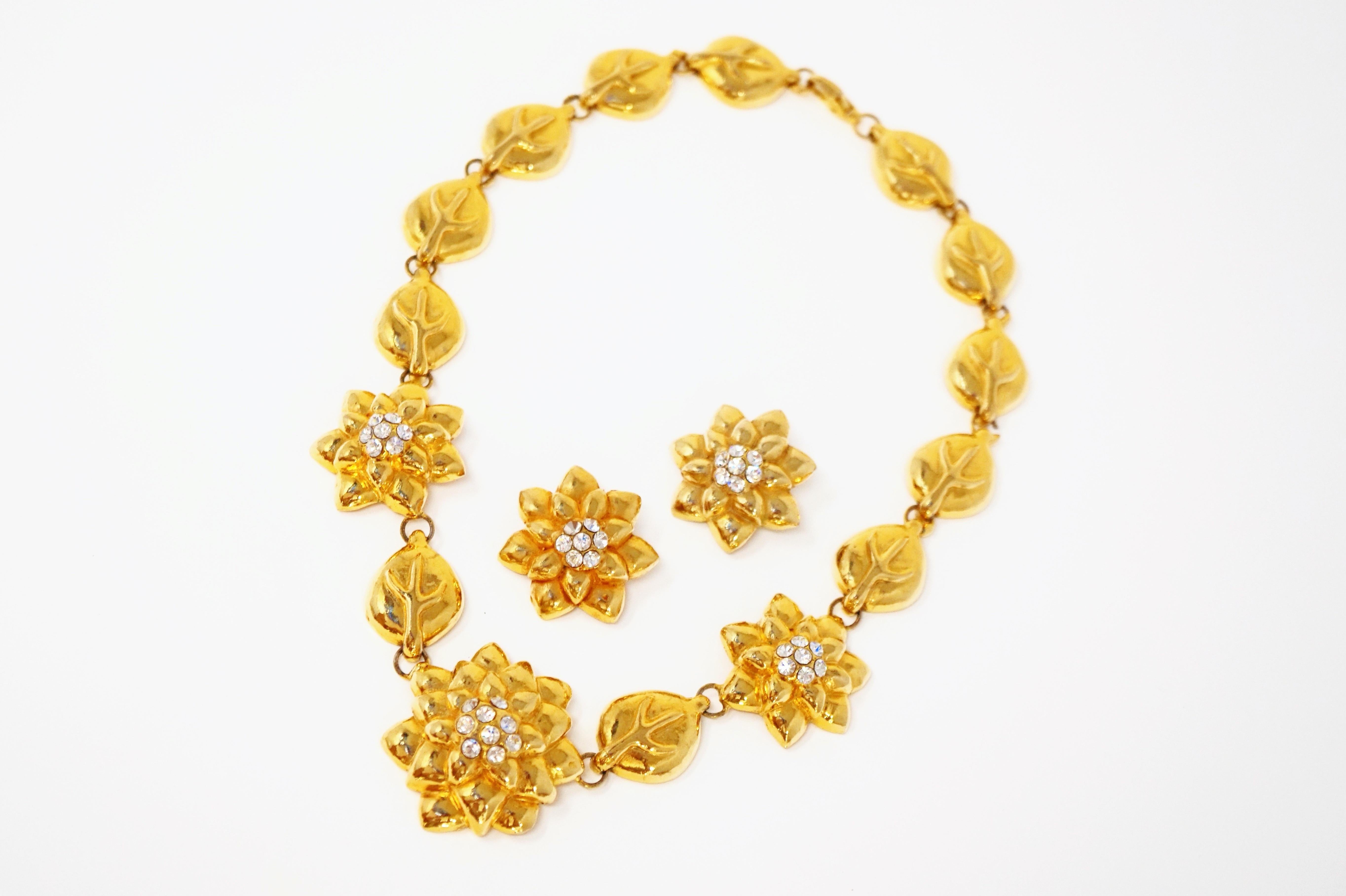 Modern Early Lorenz Baumer Gilded Floral Necklace & Earrings Set, Signed, 1980s For Sale