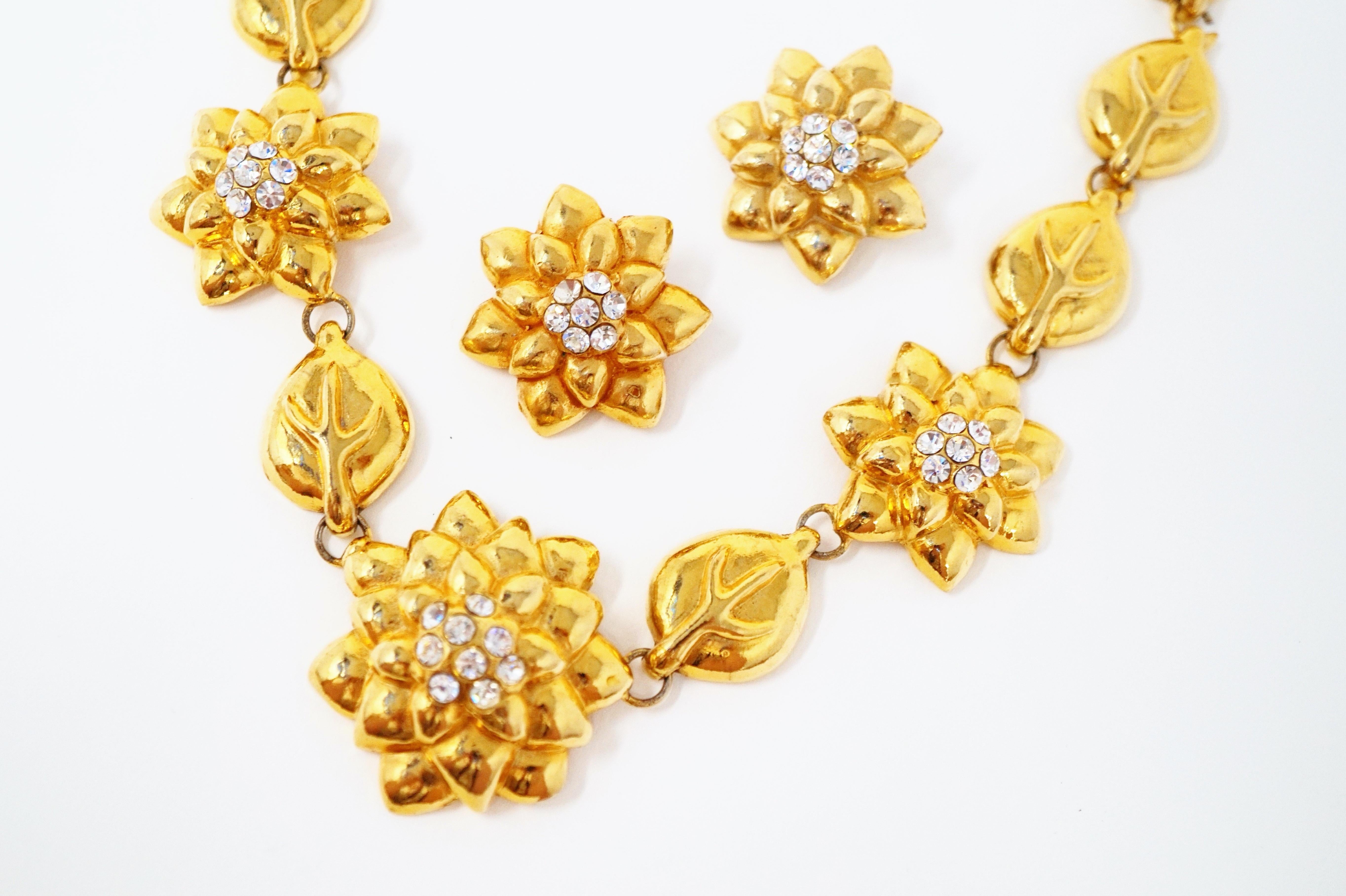 Early Lorenz Baumer Gilded Floral Necklace & Earrings Set, Signed, 1980s In Excellent Condition For Sale In McKinney, TX