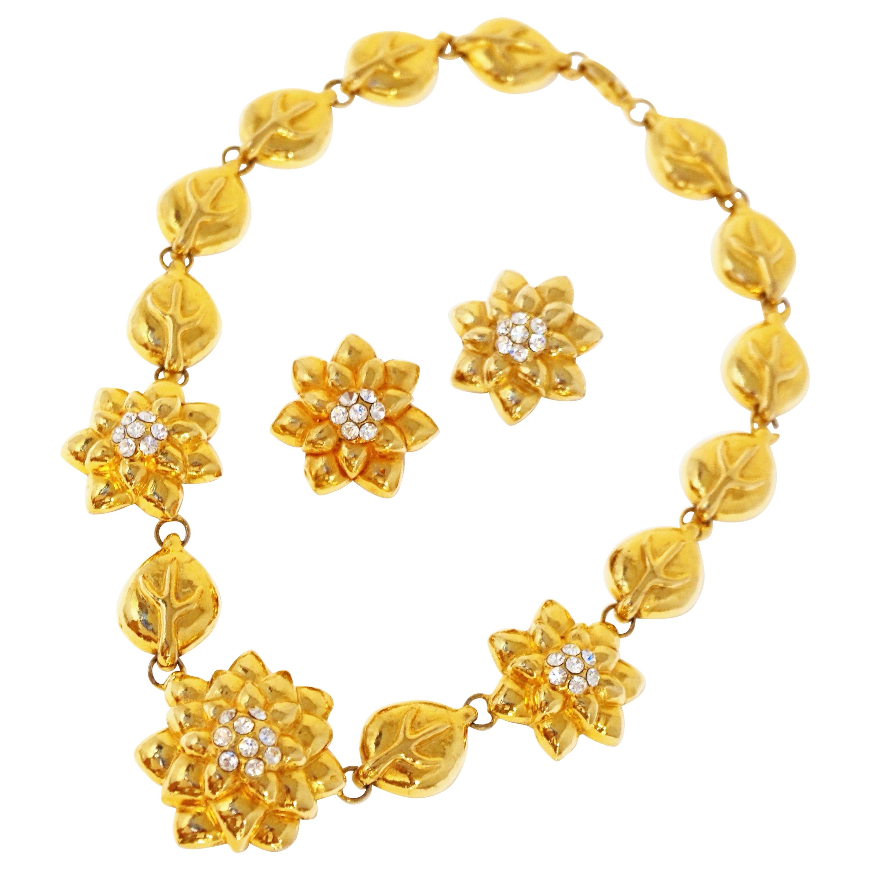 Frühes Lorenz Baumer Set aus vergoldeter floraler Halskette und Ohrringen, signiert, 1980er Jahre im Angebot