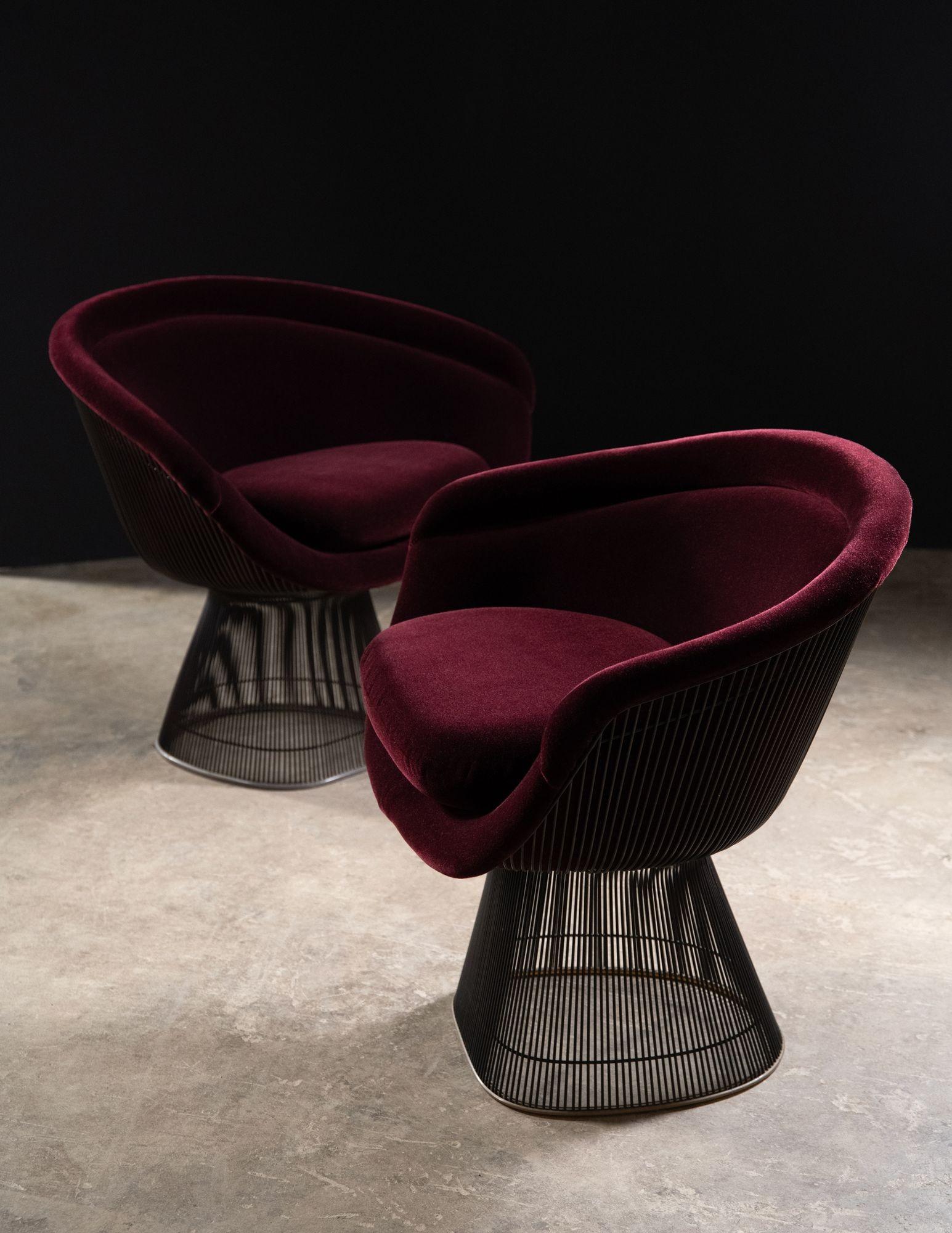Rare, early production lounge chairs designed by Warren Platner from The Platner Collection in bronze, 1966 for Knoll International. Lounge chairs are in excellent condition with new foam and with a new Knoll mohair velvet upholstery.