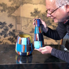 Early Lu Klopfer Pair Colorful Handmade and Hand Glazed Art Vessels, 1950-1960