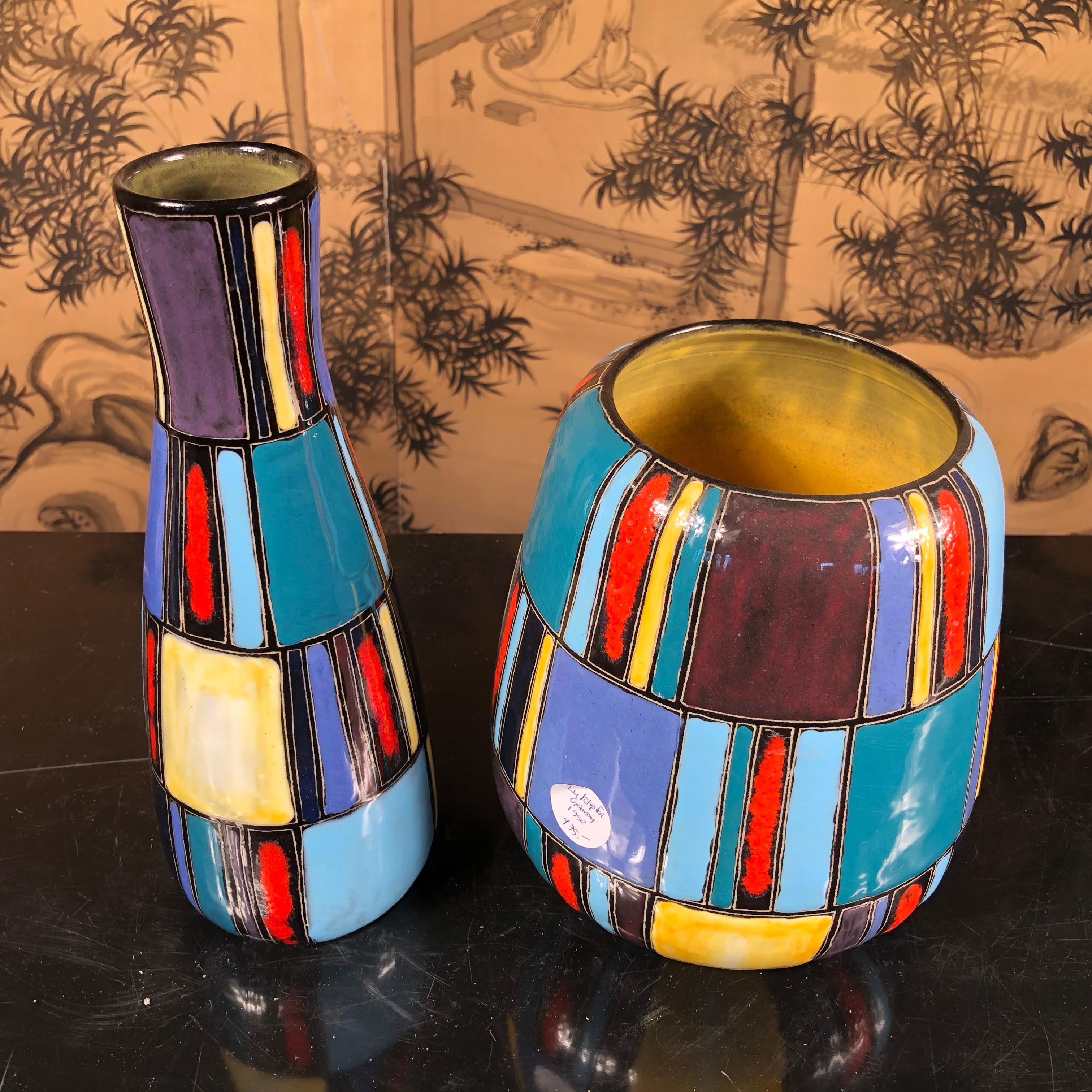 Early Lu Klopfer Pair Colorful Handmade and Hand Glazed Art Vessels, 1950-1960 In Good Condition In South Burlington, VT
