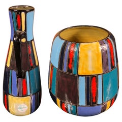 Early Lu Klopfer Pair Colorful Handmade and Hand Glazed Art Vessels, 1950-1960